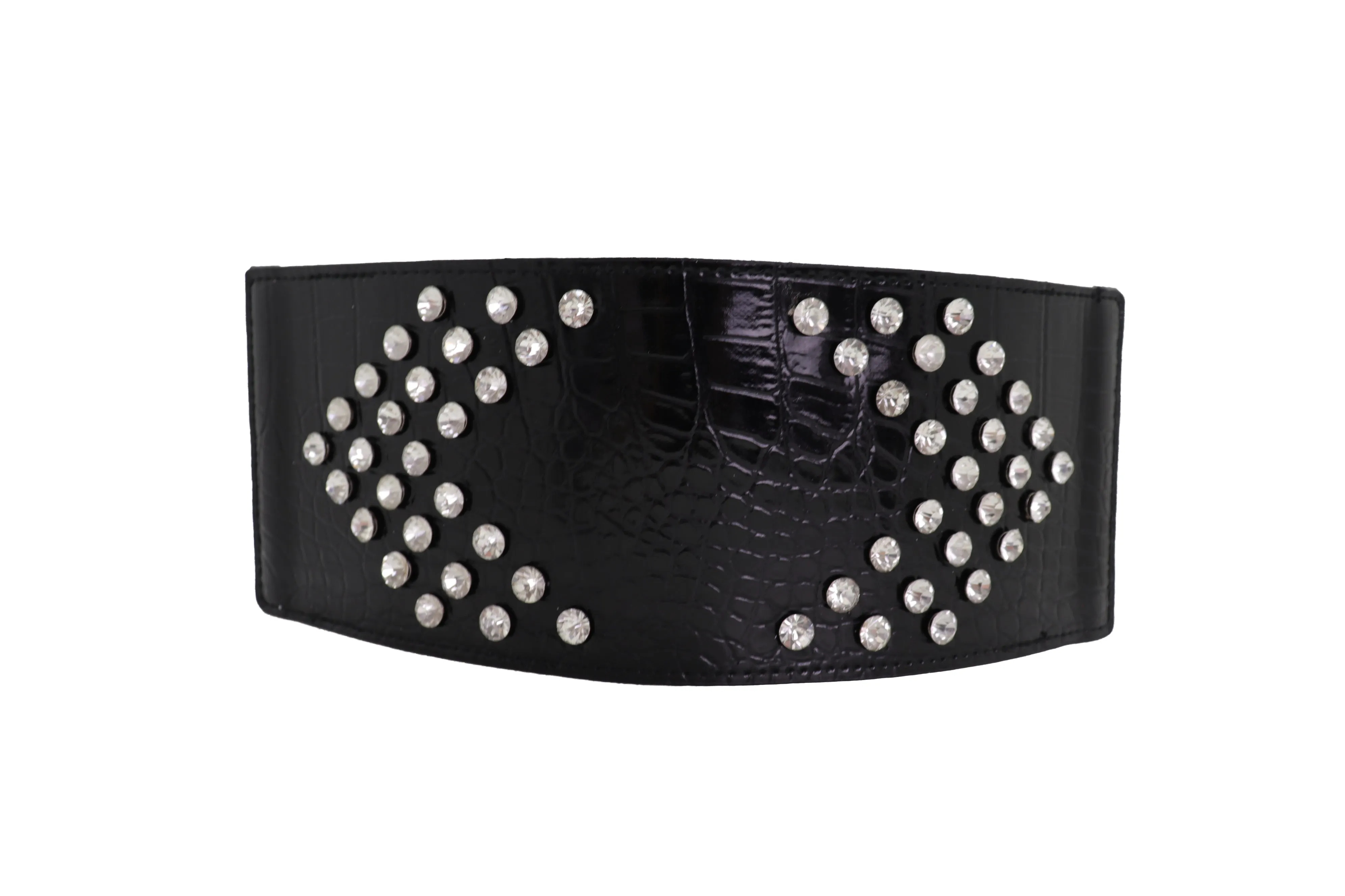 Wide Faux Leather Black Elastic Belt Side Arrows S M