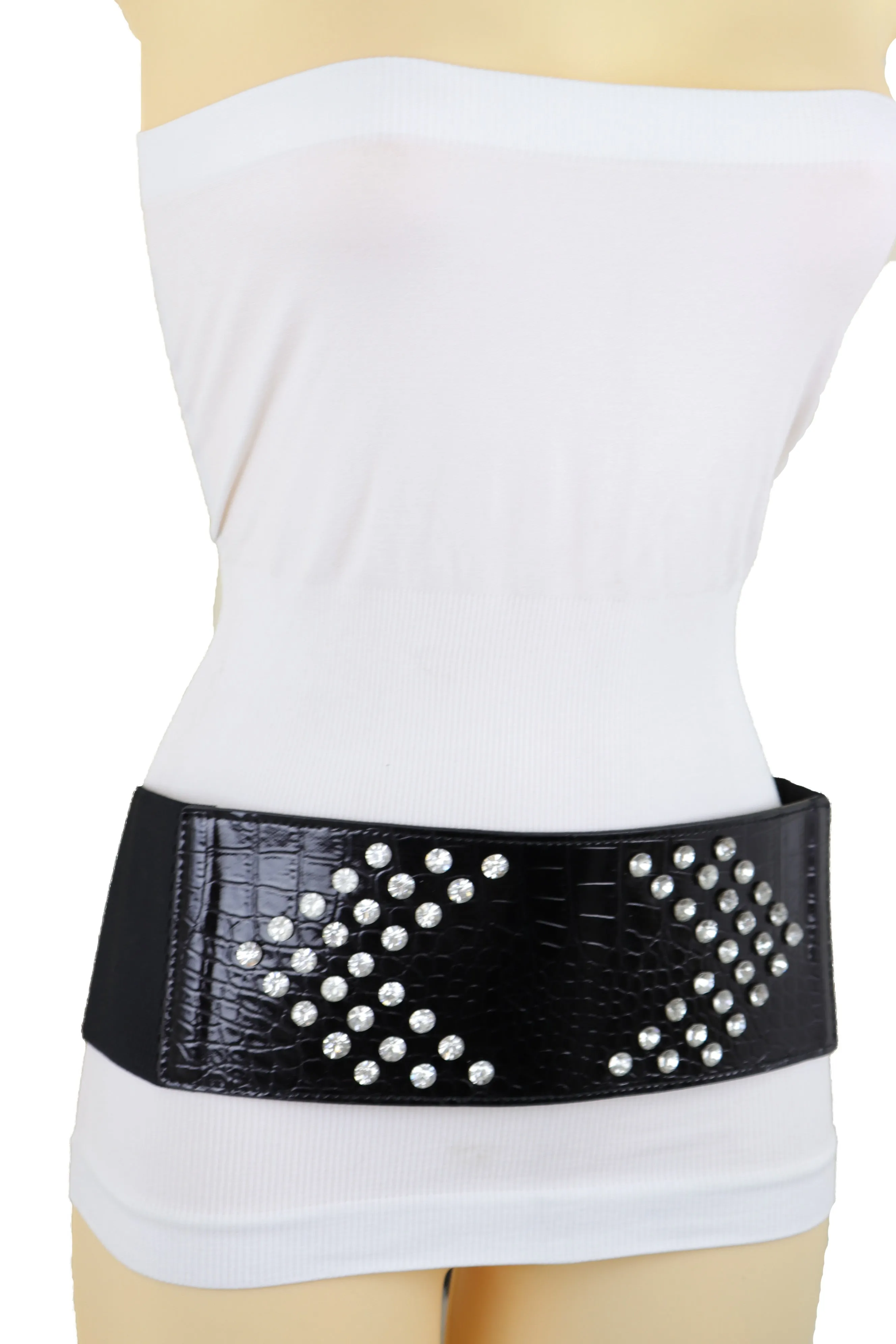 Wide Faux Leather Black Elastic Belt Side Arrows S M