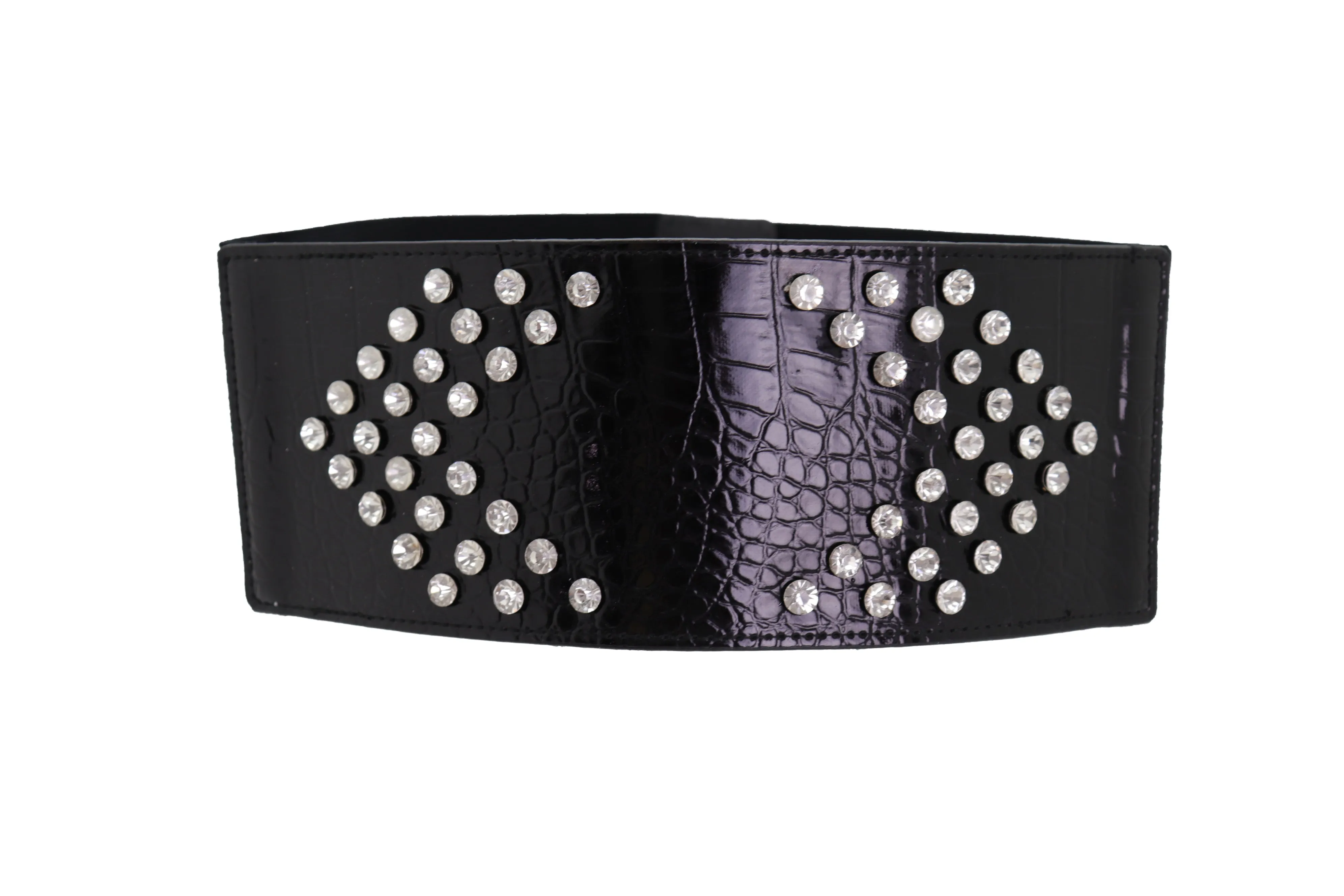 Wide Faux Leather Black Elastic Belt Side Arrows S M