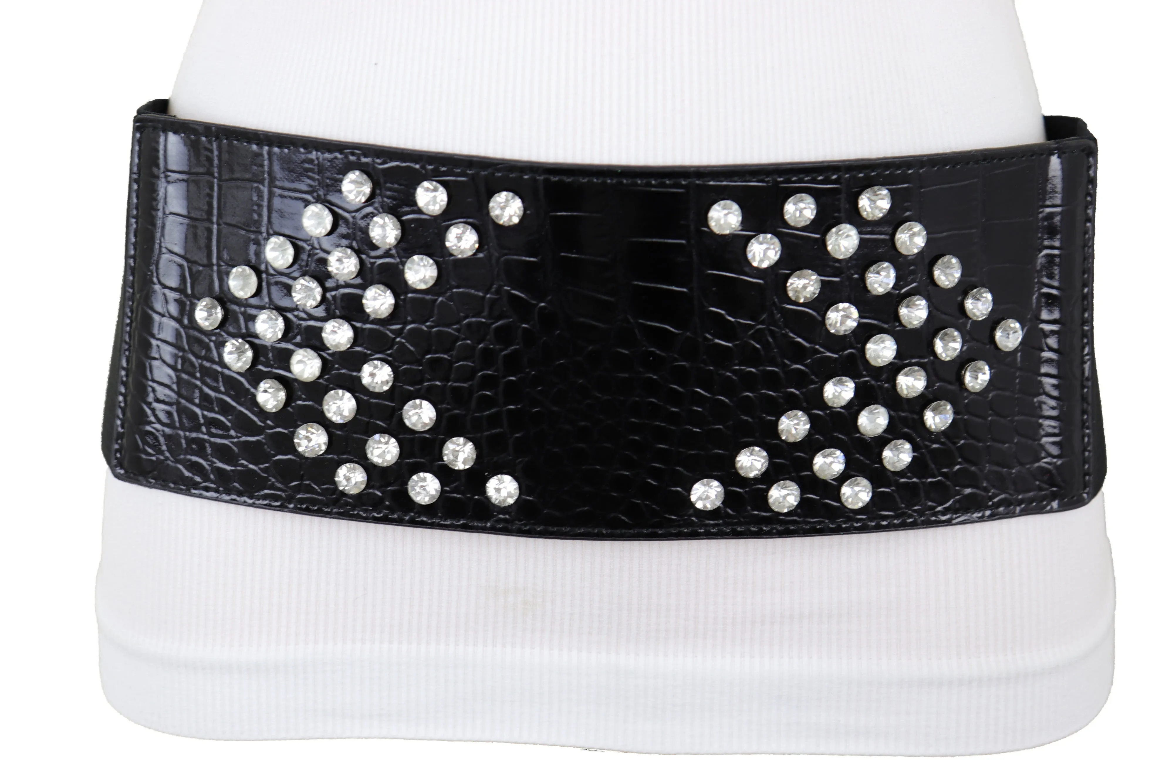 Wide Faux Leather Black Elastic Belt Side Arrows S M