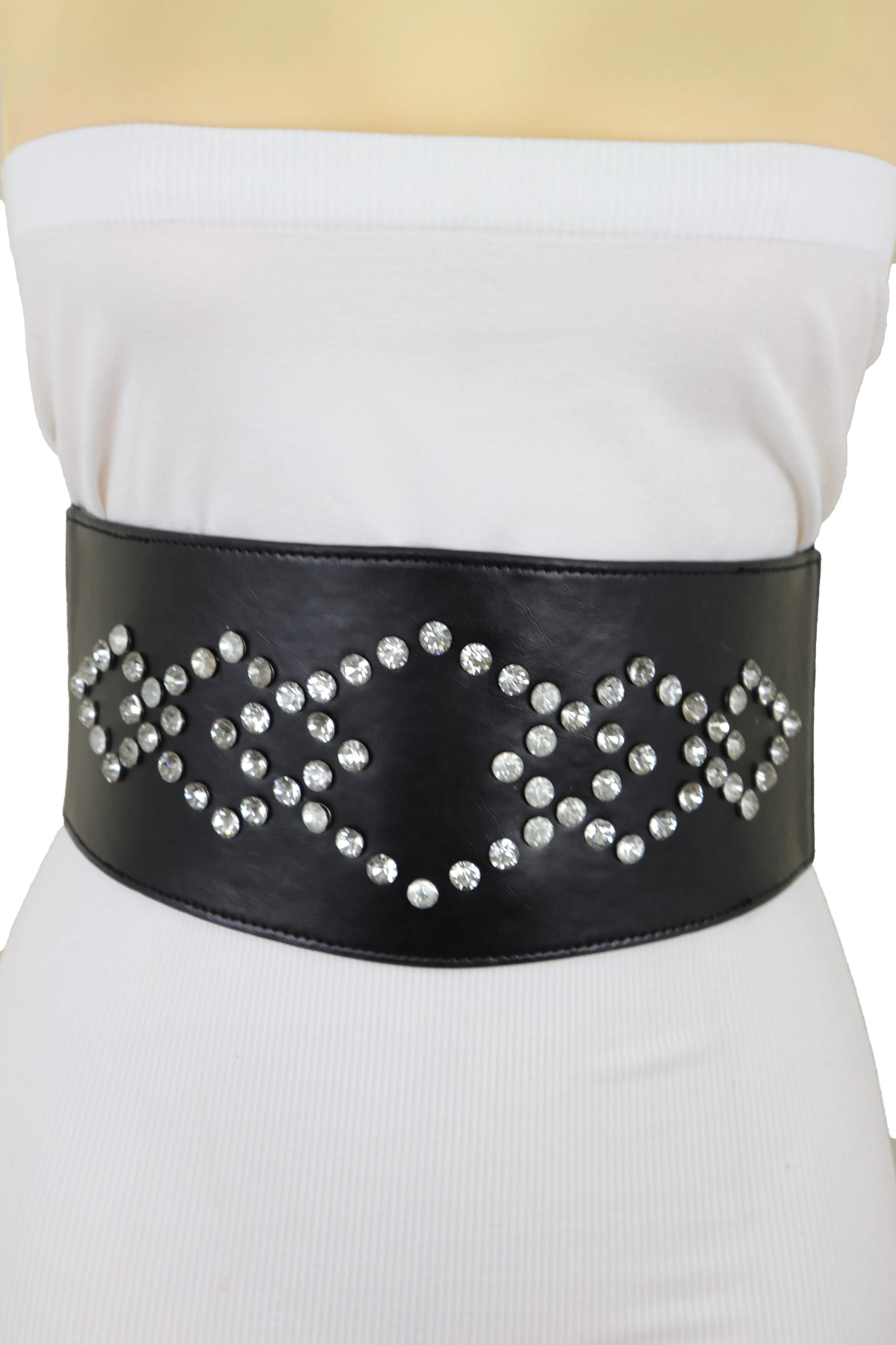 Wide Faux Leather Black Elastic Belt Squares S M