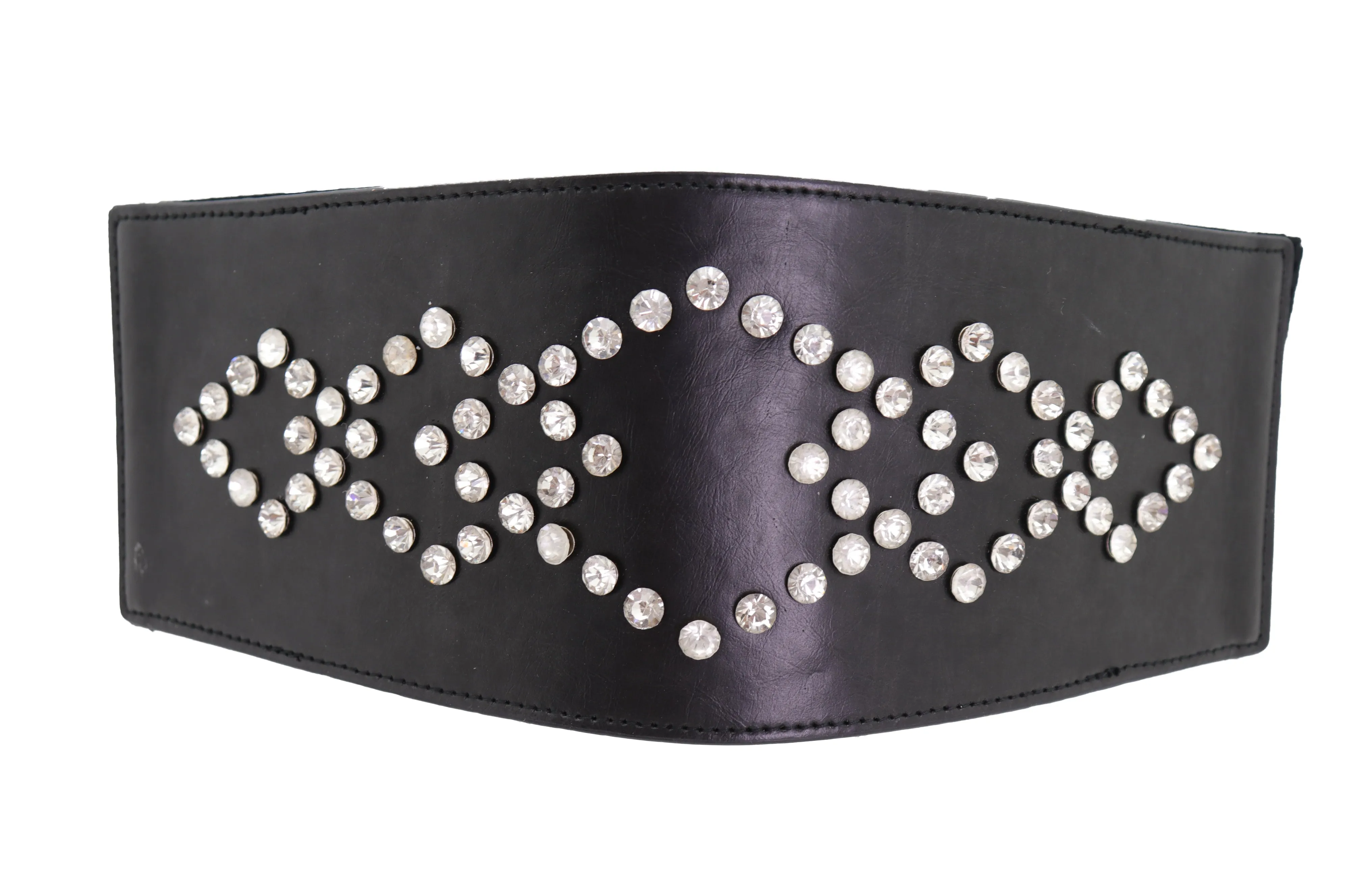 Wide Faux Leather Black Elastic Belt Squares S M