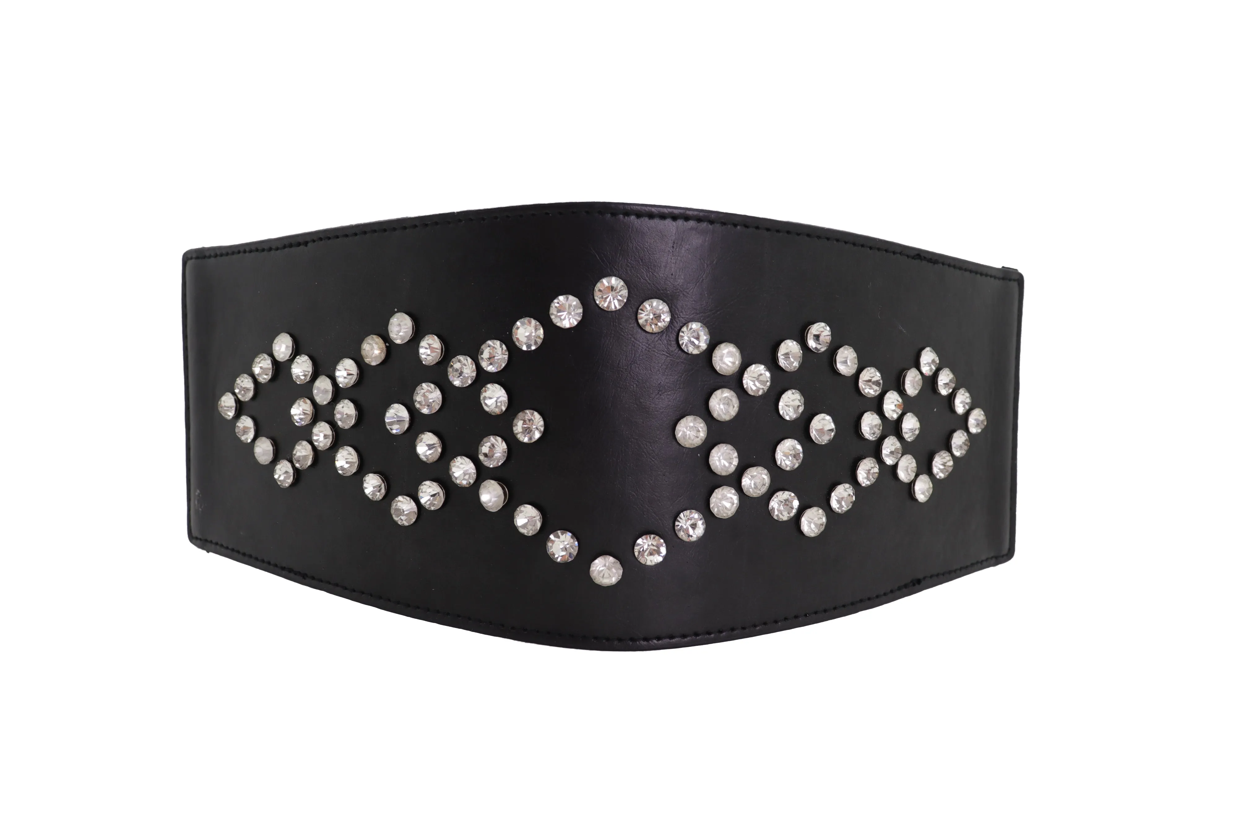 Wide Faux Leather Black Elastic Belt Squares S M