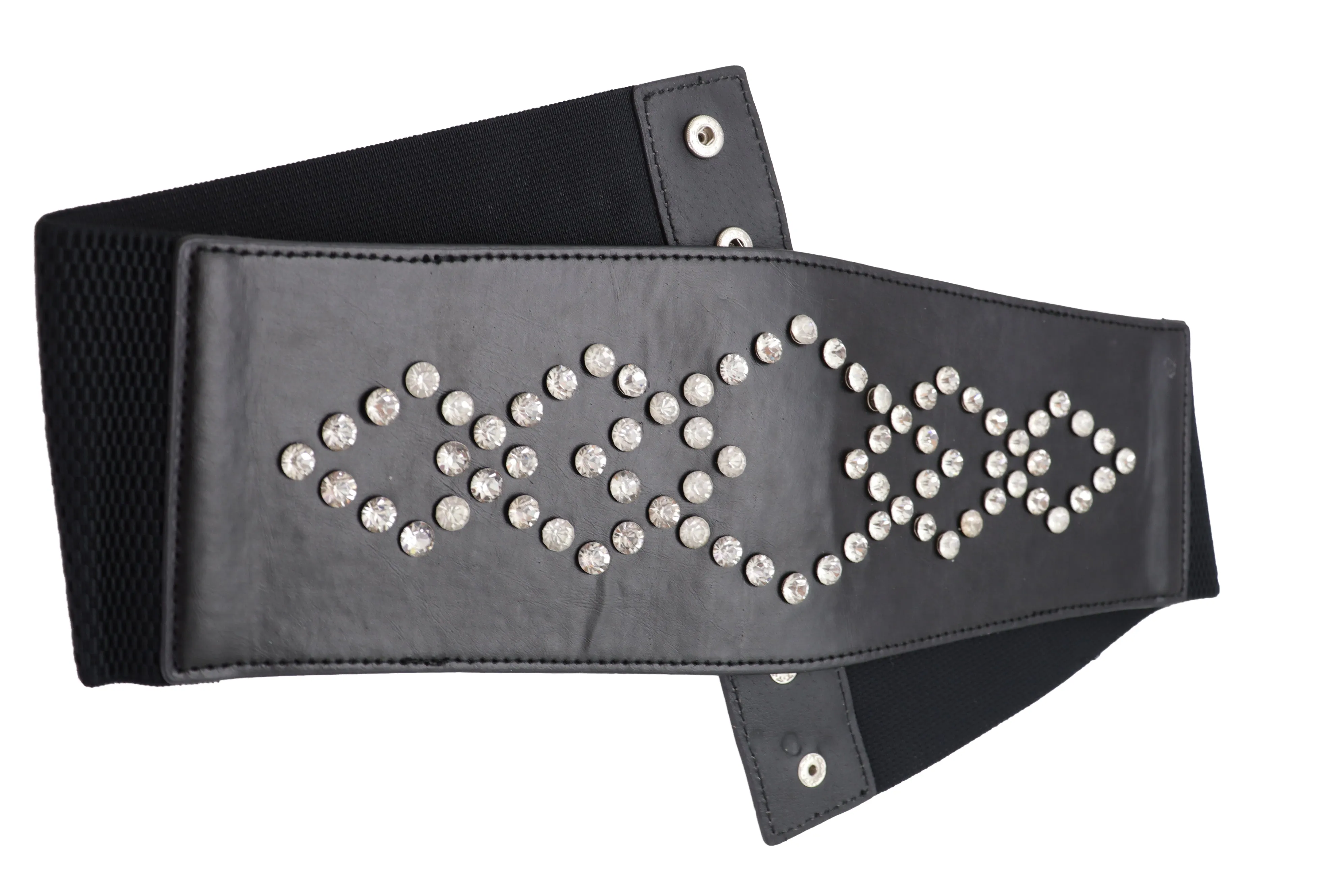 Wide Faux Leather Black Elastic Belt Squares S M
