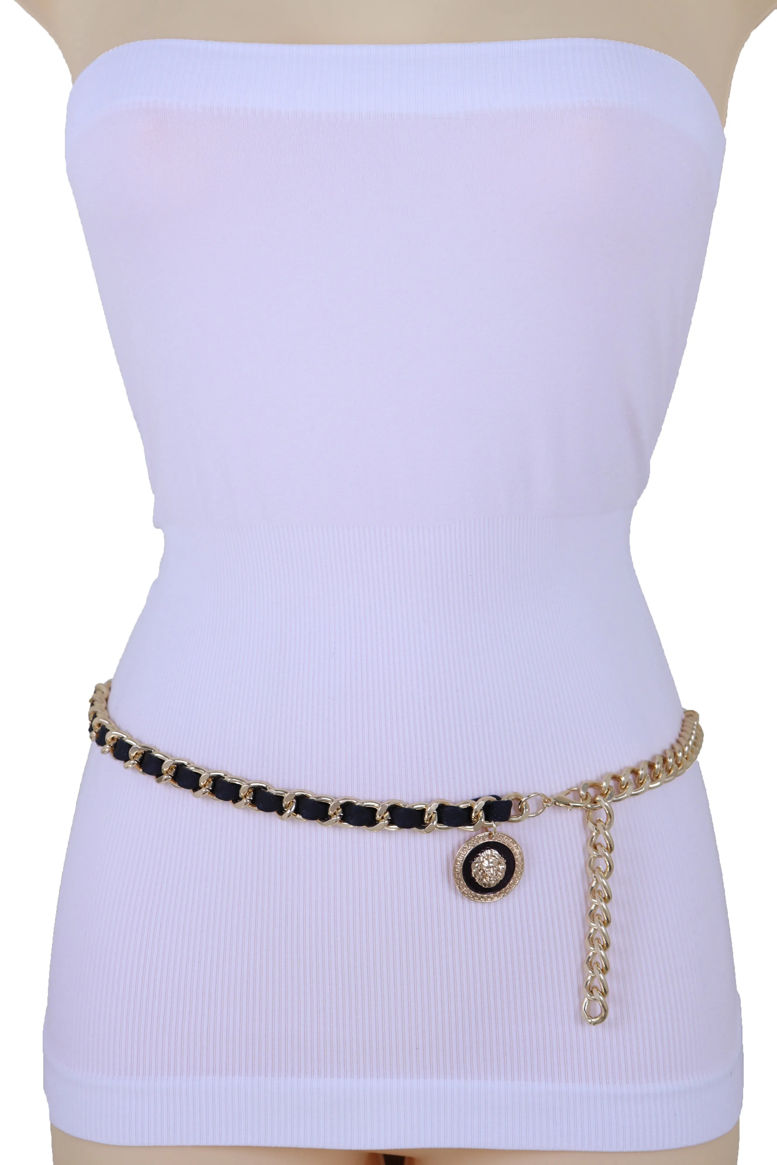 Wide Faux Leather Black Elastic Belt Squares S M