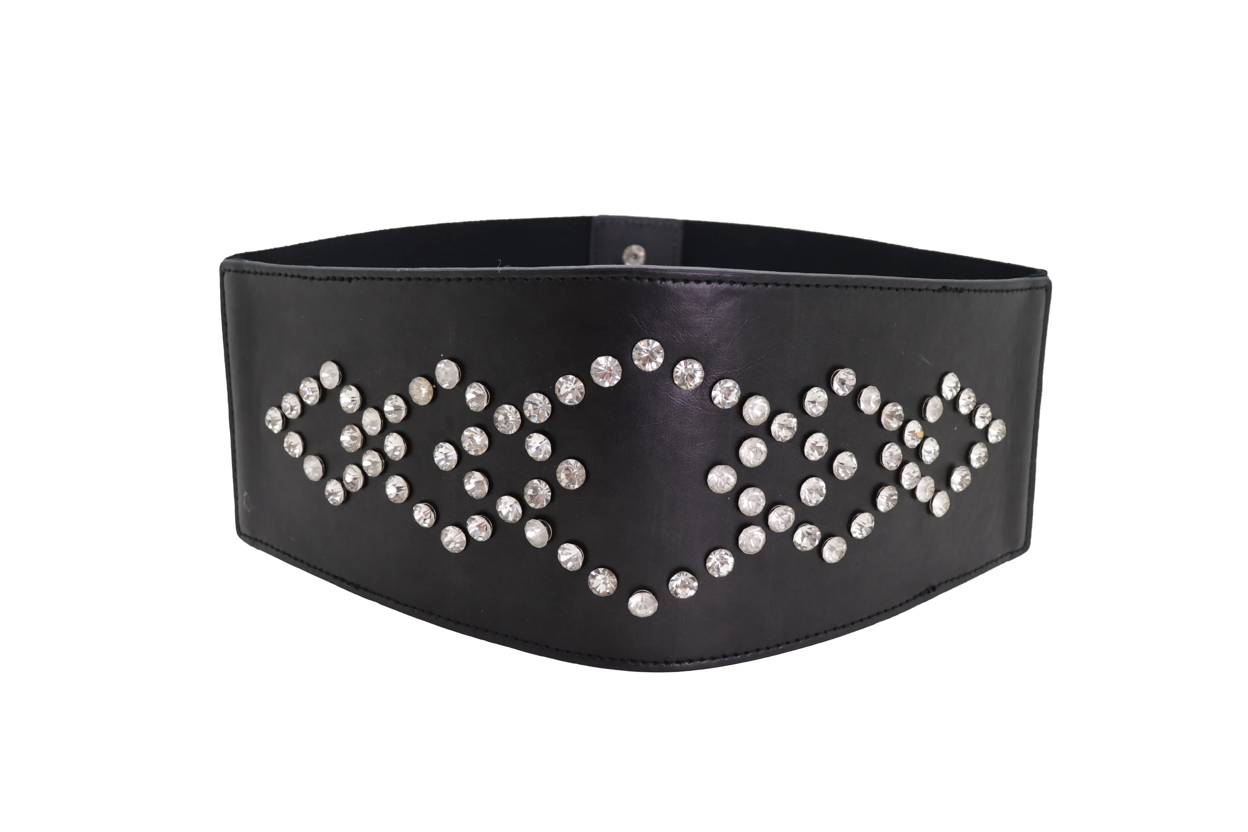 Wide Faux Leather Black Elastic Belt Squares S M
