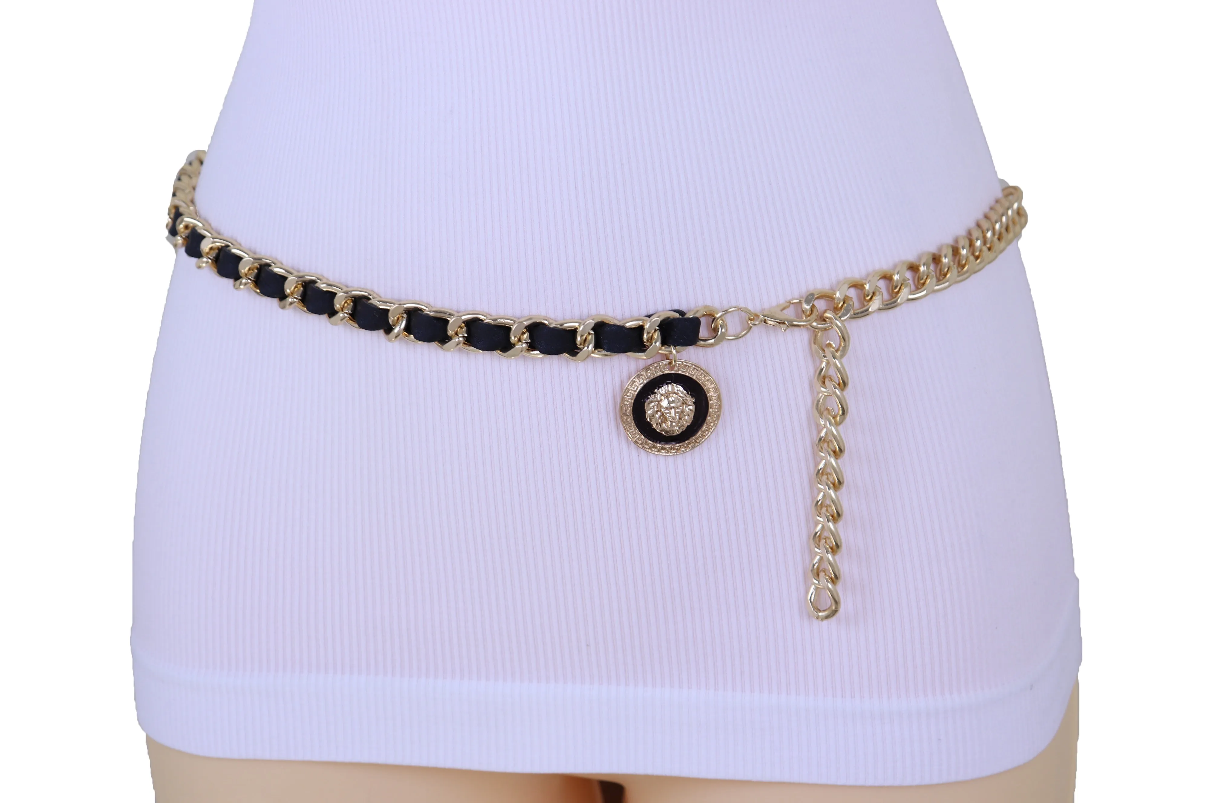 Wide Faux Leather Black Elastic Belt Squares S M