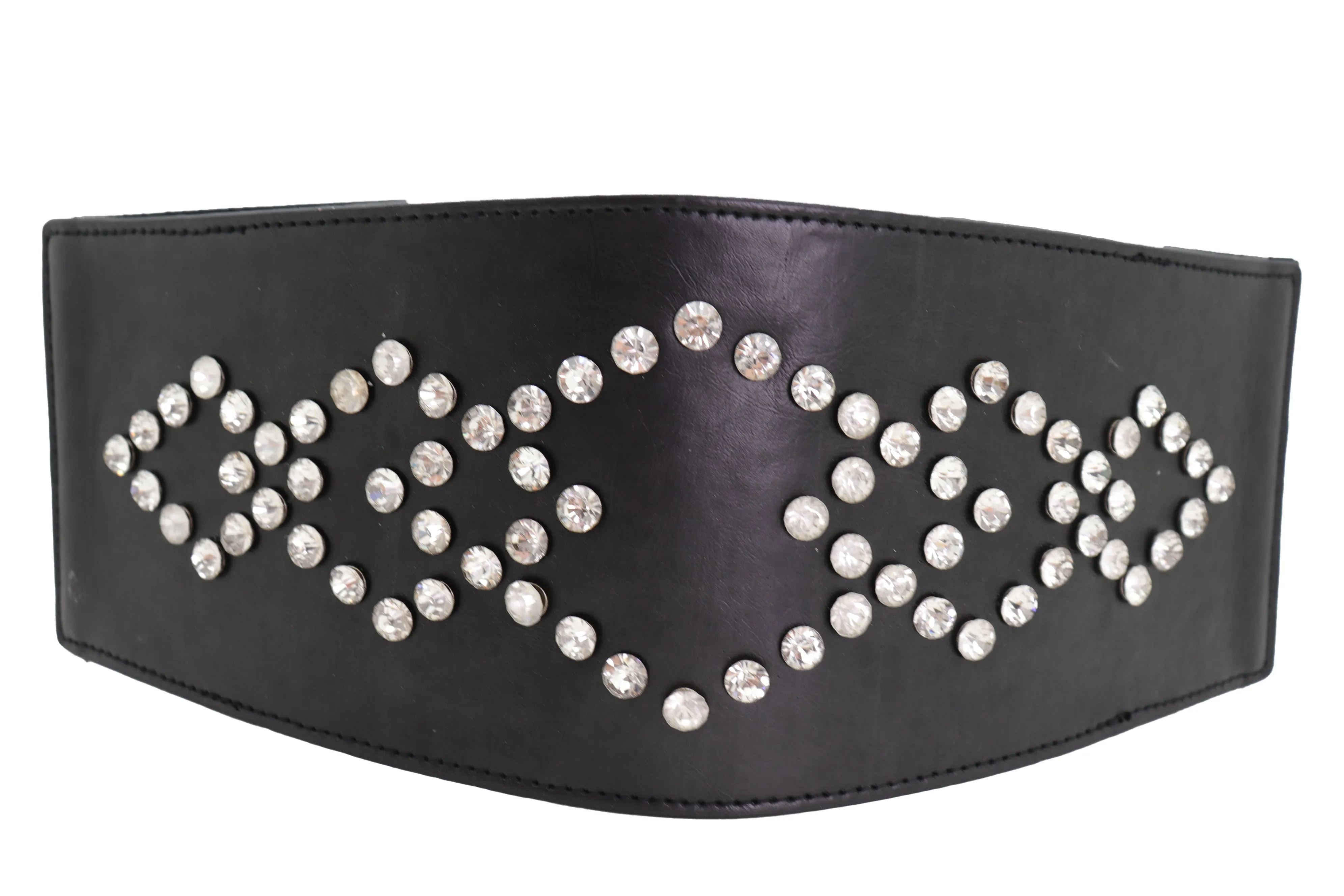 Wide Faux Leather Black Elastic Belt Squares S M