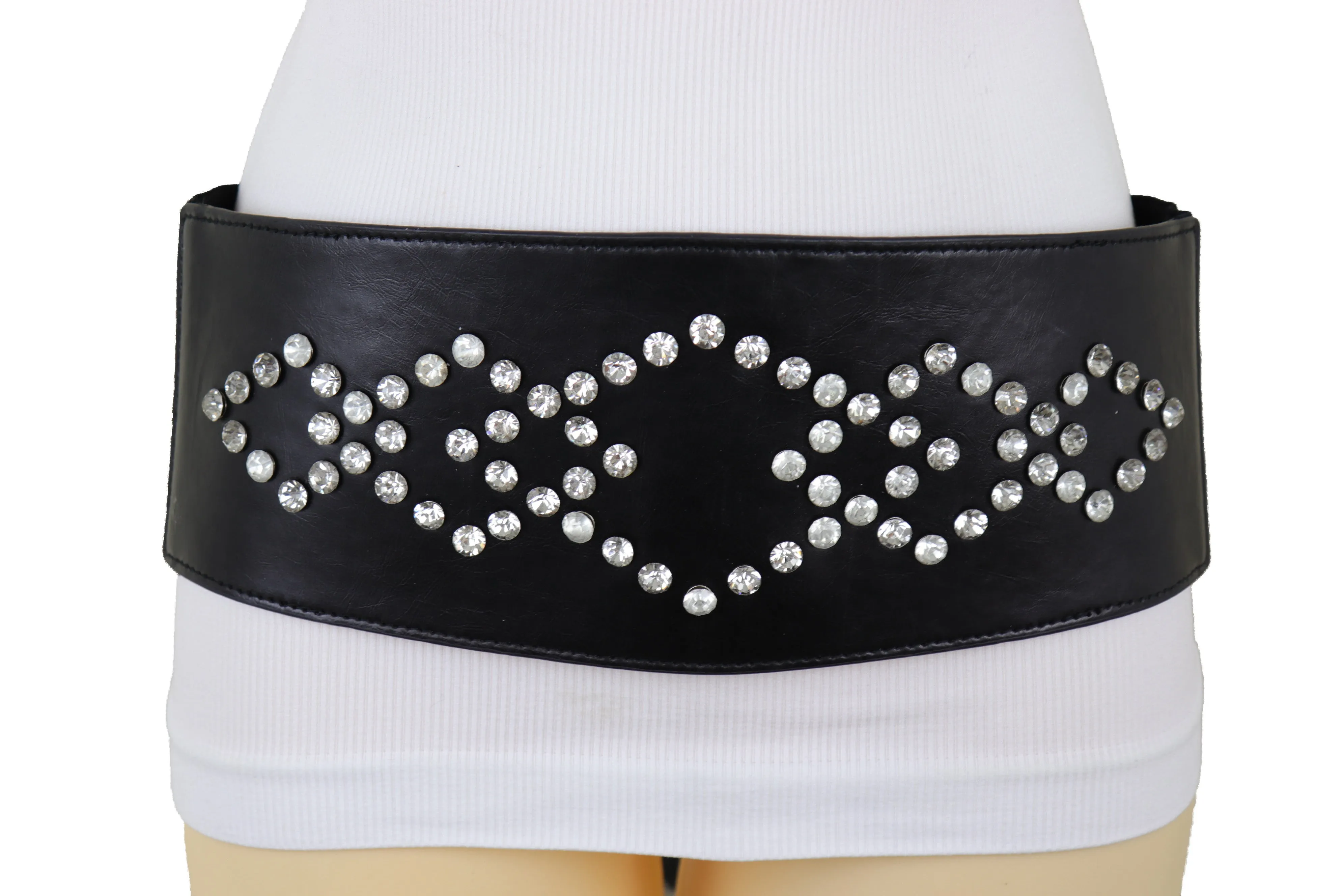 Wide Faux Leather Black Elastic Belt Squares S M