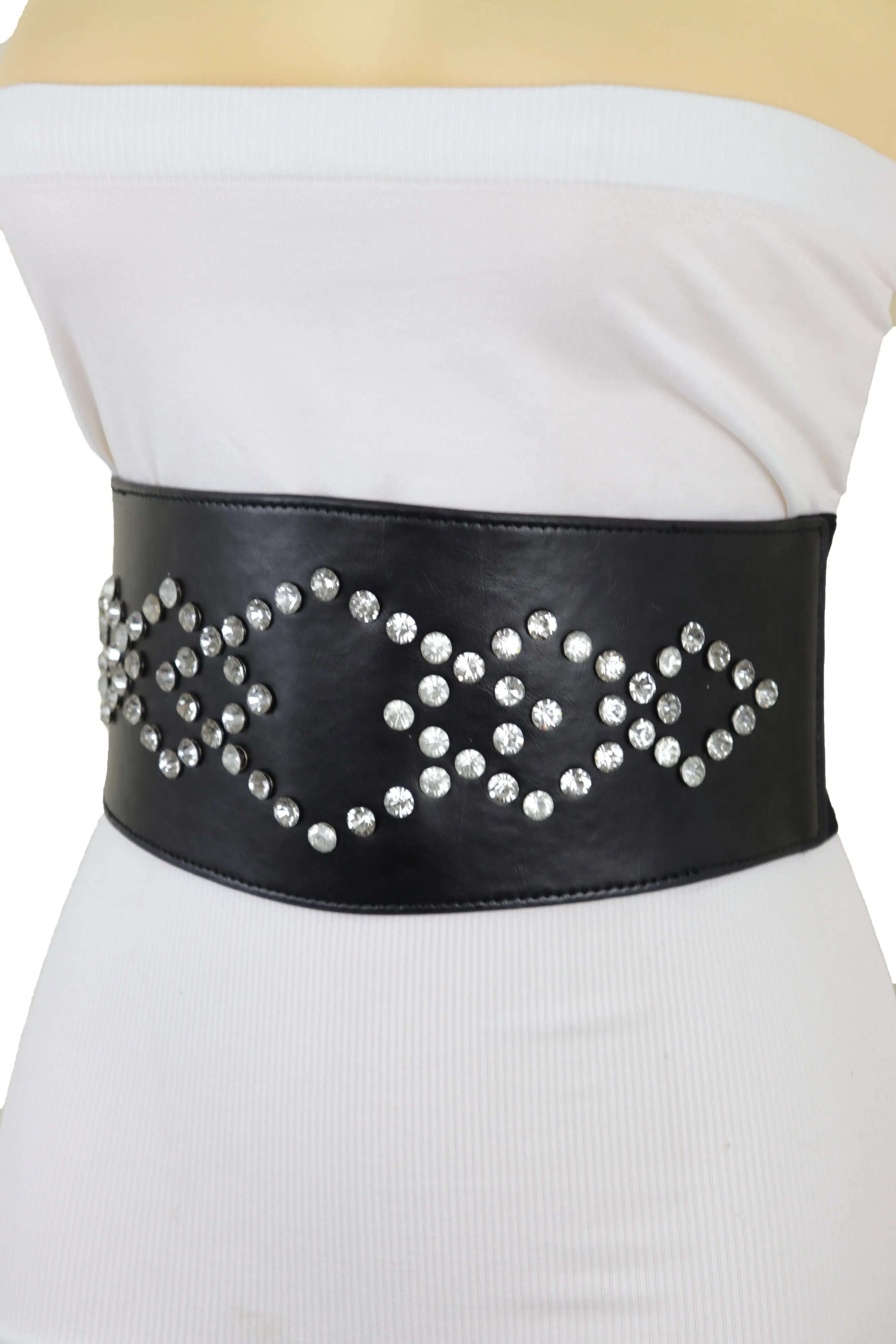 Wide Faux Leather Black Elastic Belt Squares S M
