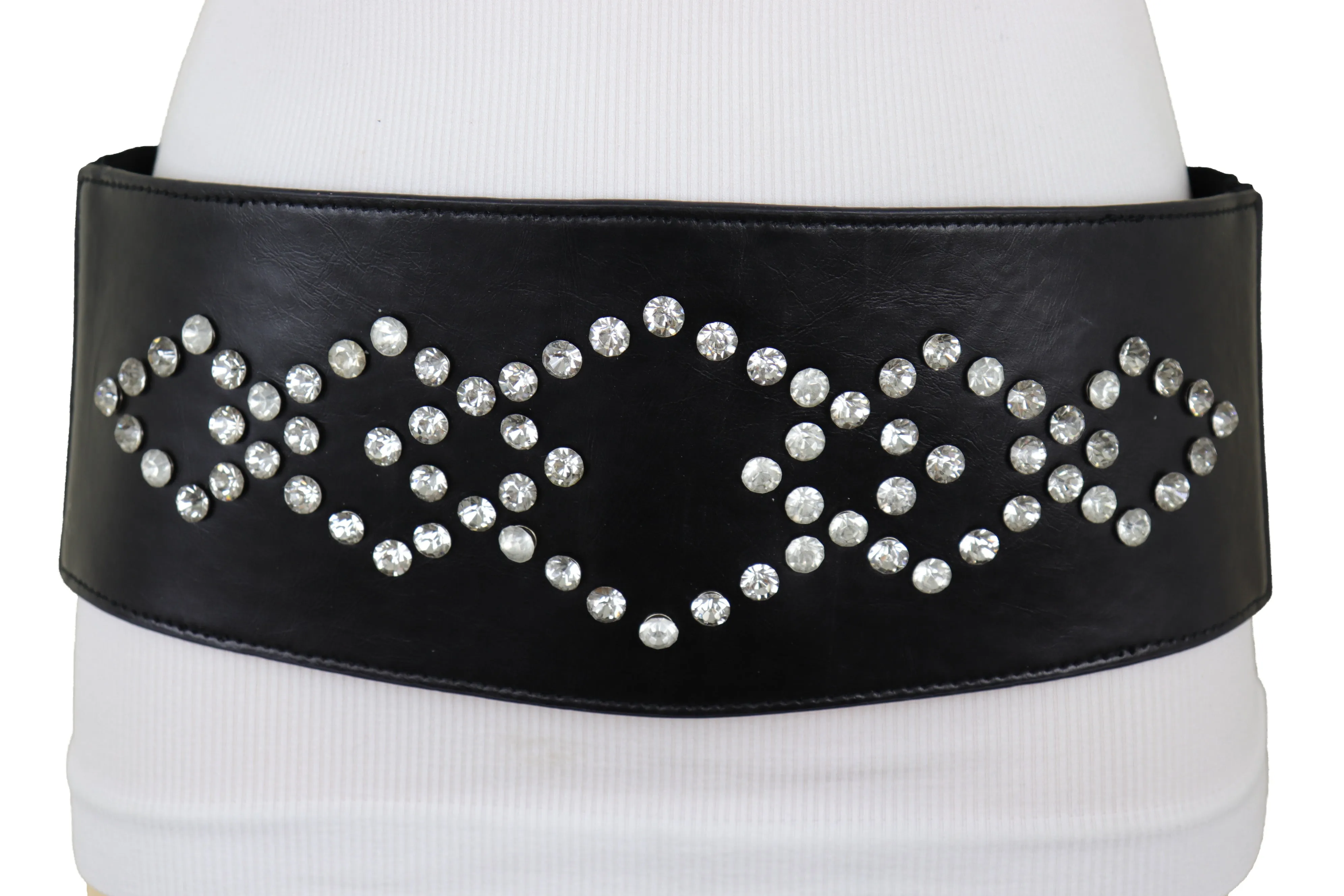 Wide Faux Leather Black Elastic Belt Squares S M