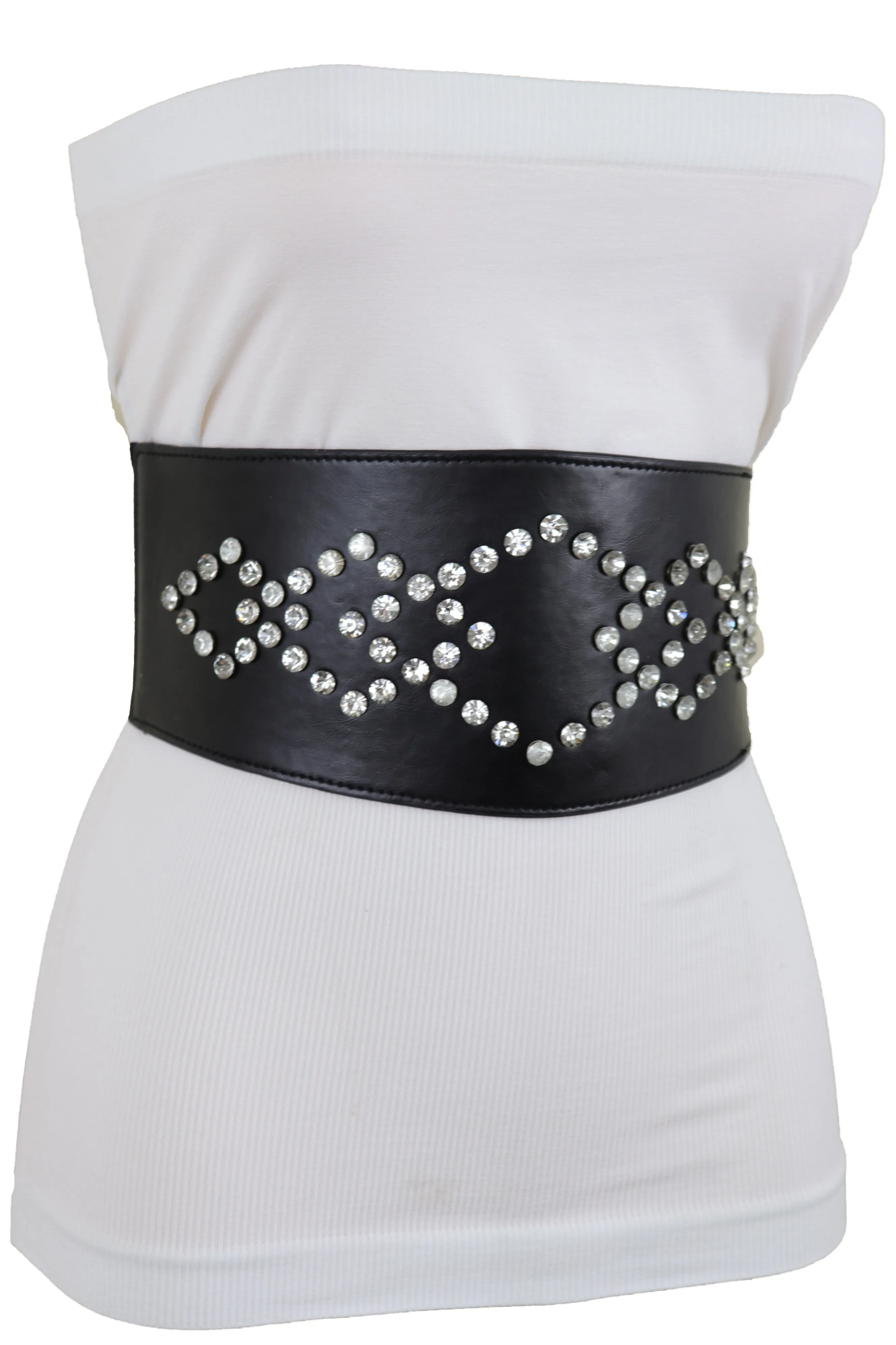 Wide Faux Leather Black Elastic Belt Squares S M