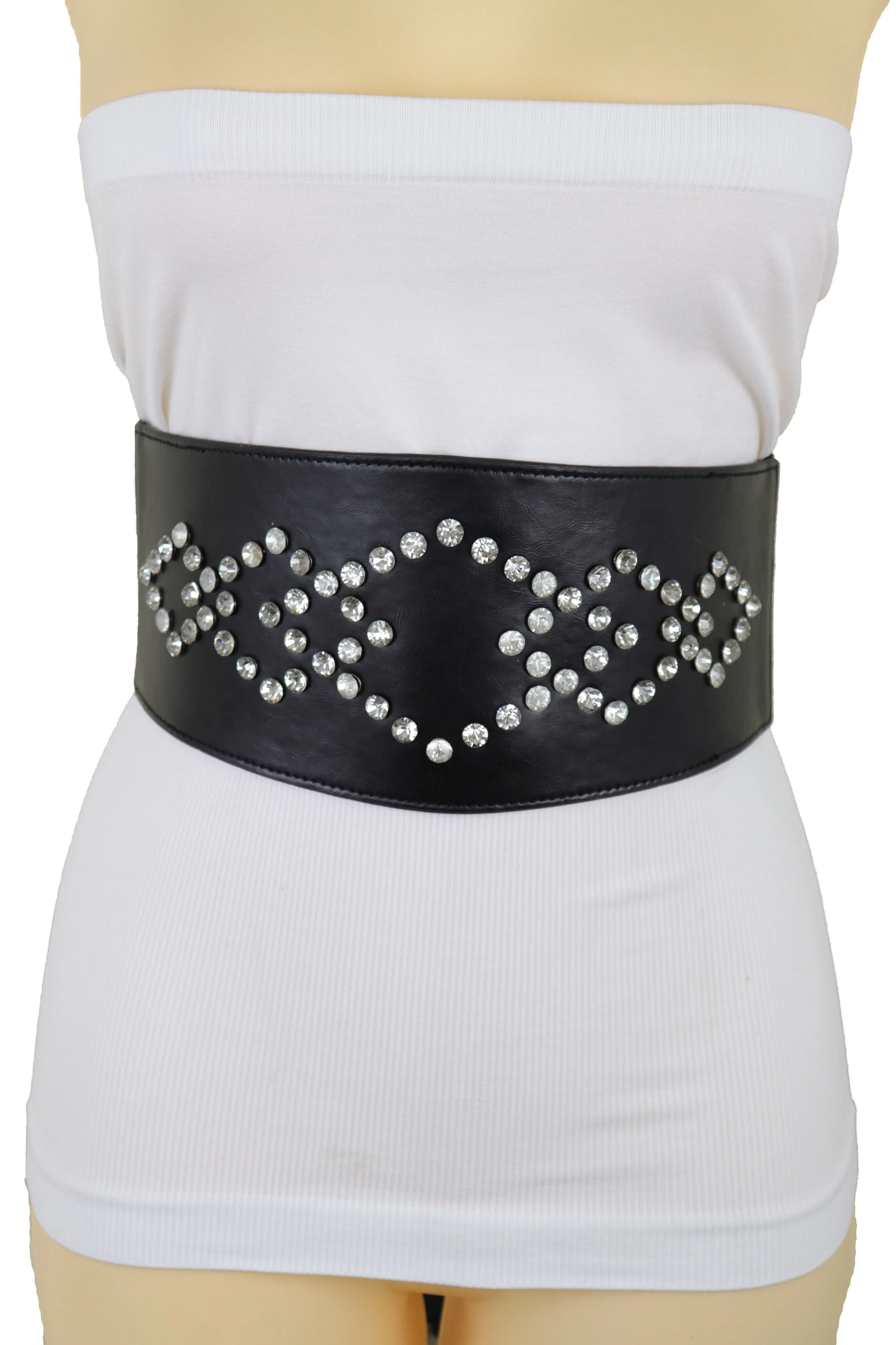 Wide Faux Leather Black Elastic Belt Squares S M