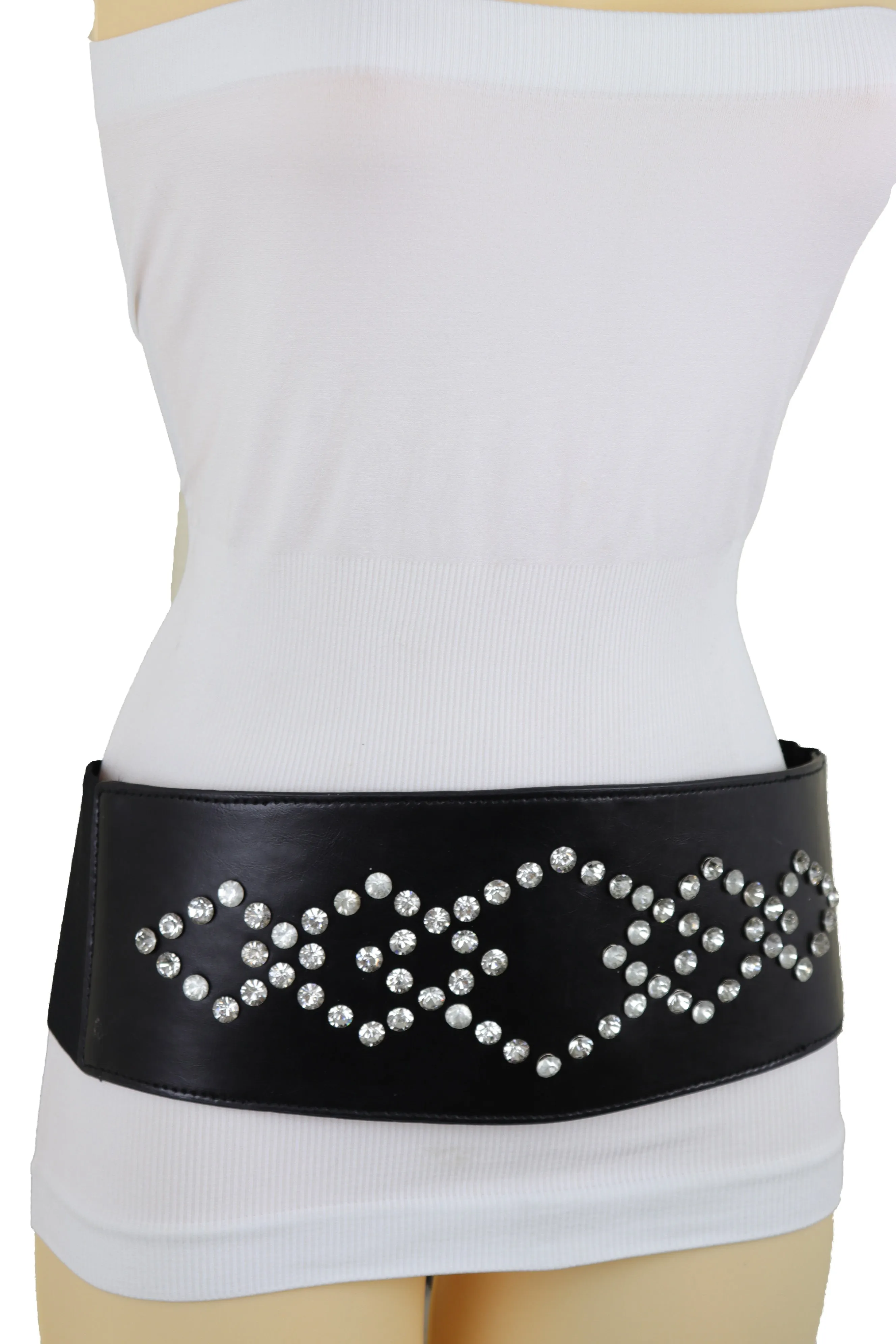 Wide Faux Leather Black Elastic Belt Squares S M