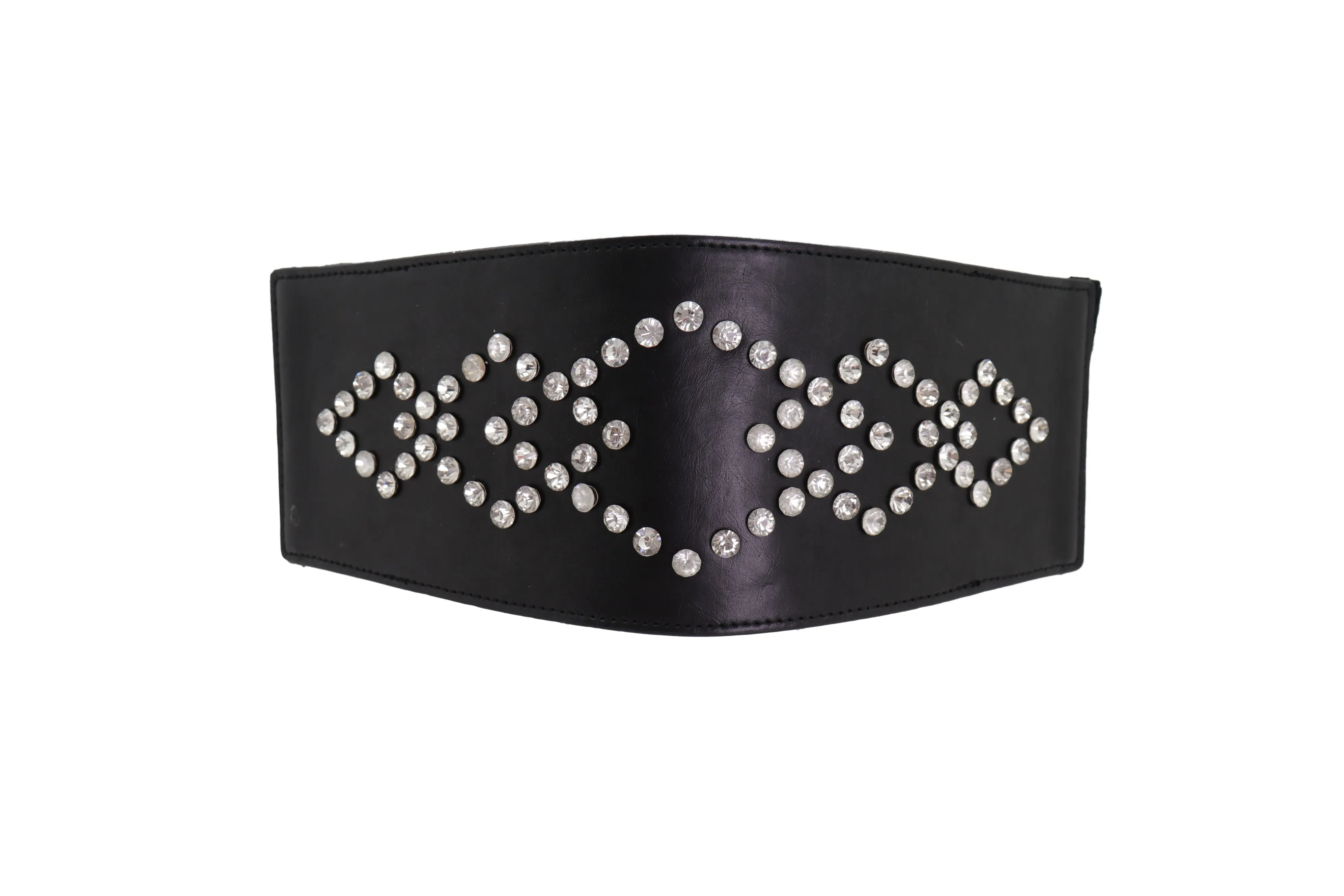 Wide Faux Leather Black Elastic Belt Squares S M