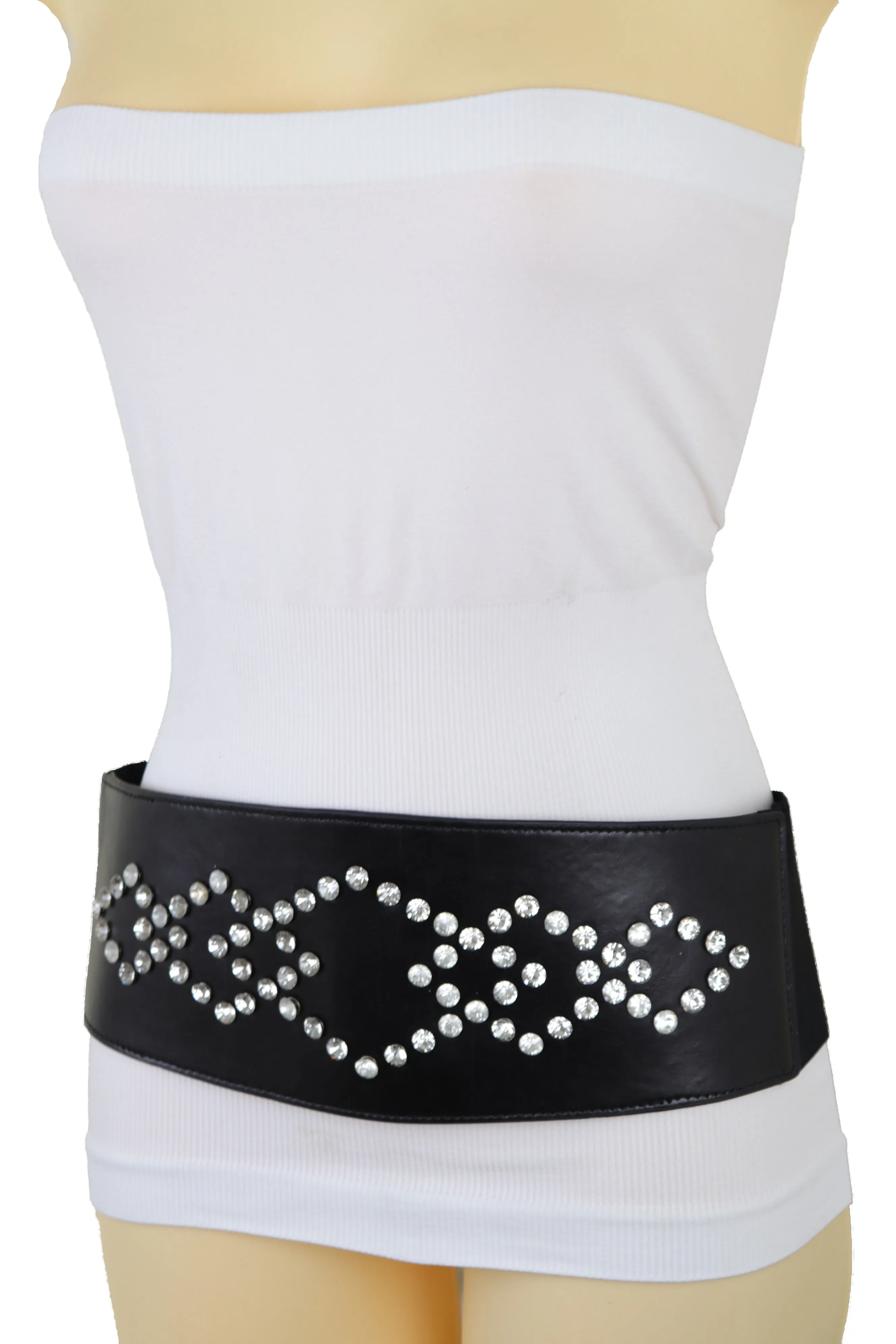 Wide Faux Leather Black Elastic Belt Squares S M
