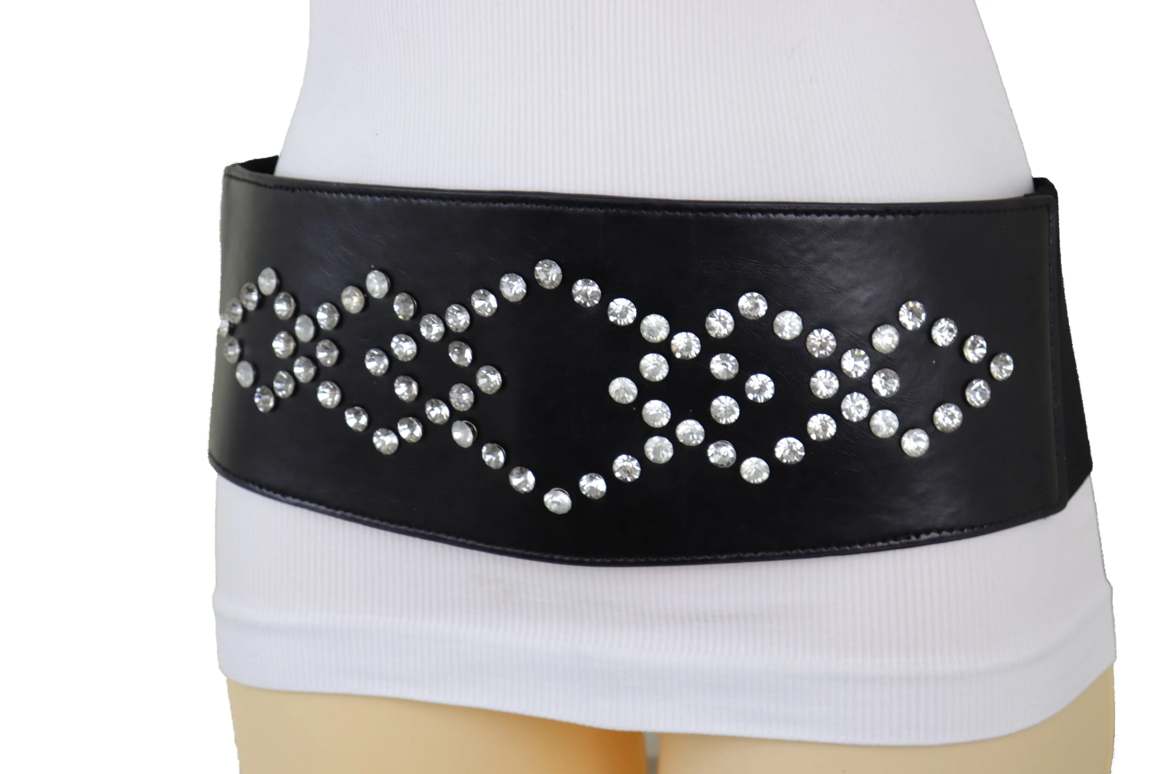 Wide Faux Leather Black Elastic Belt Squares S M