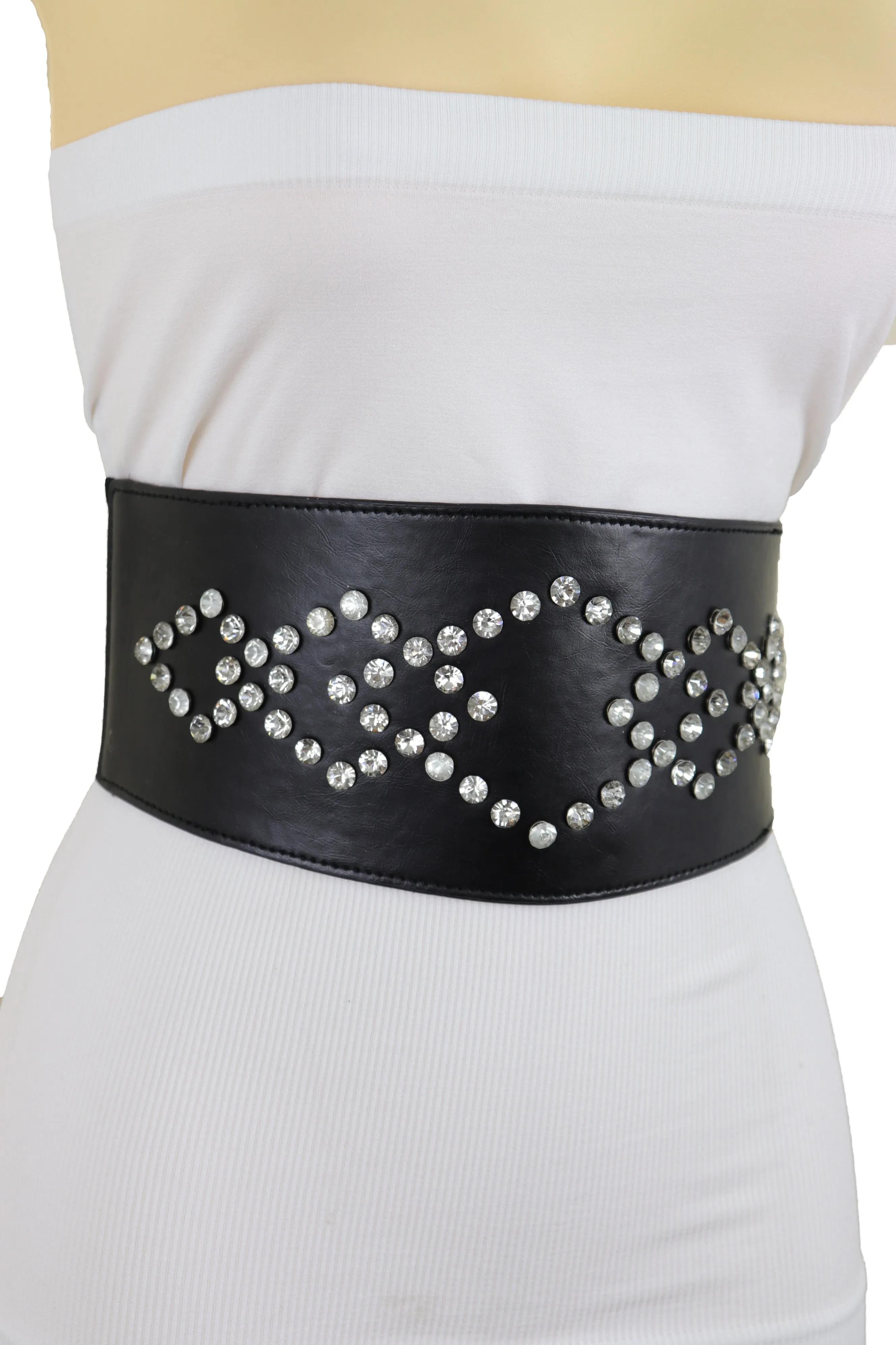 Wide Faux Leather Black Elastic Belt Squares S M