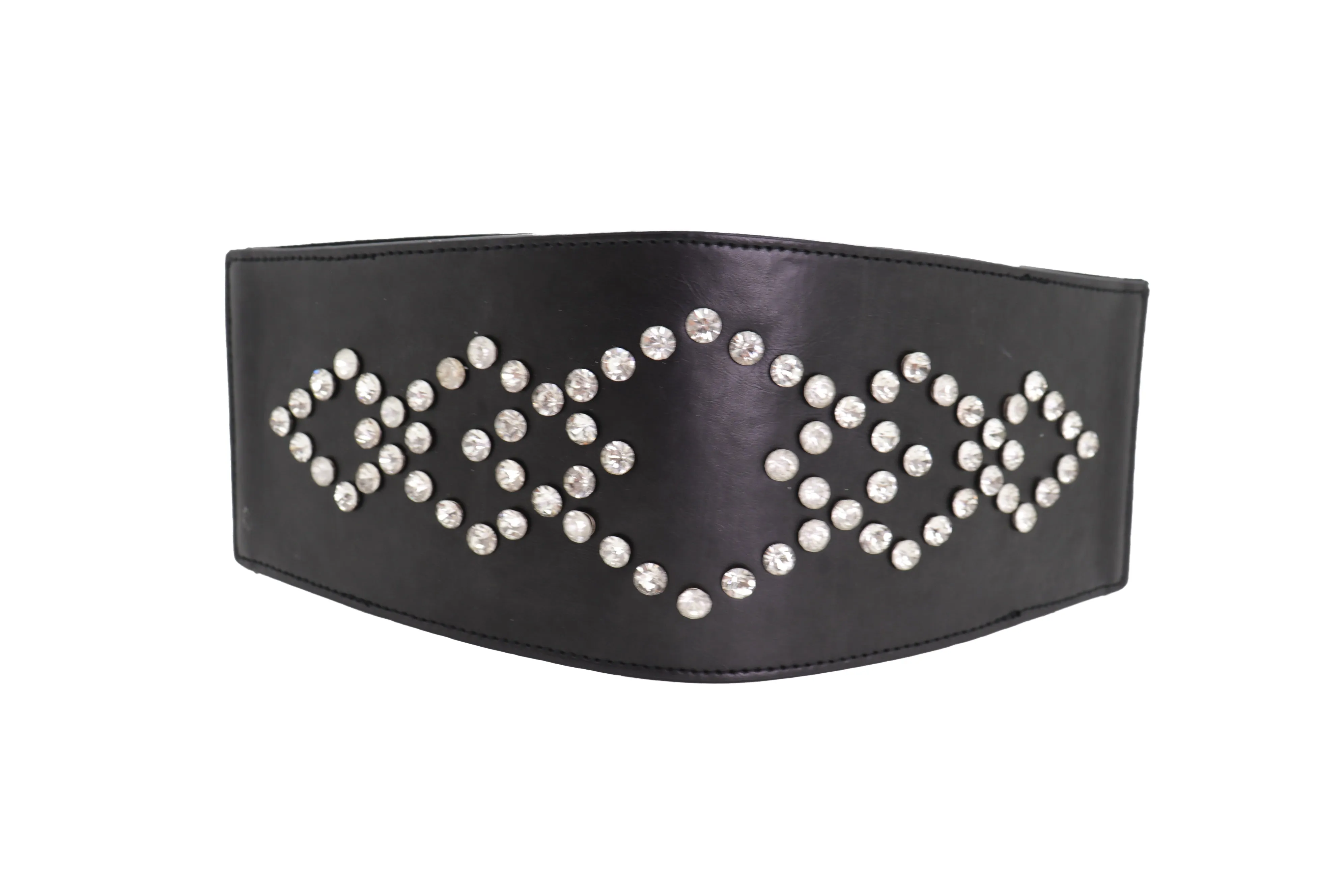 Wide Faux Leather Black Elastic Belt Squares S M