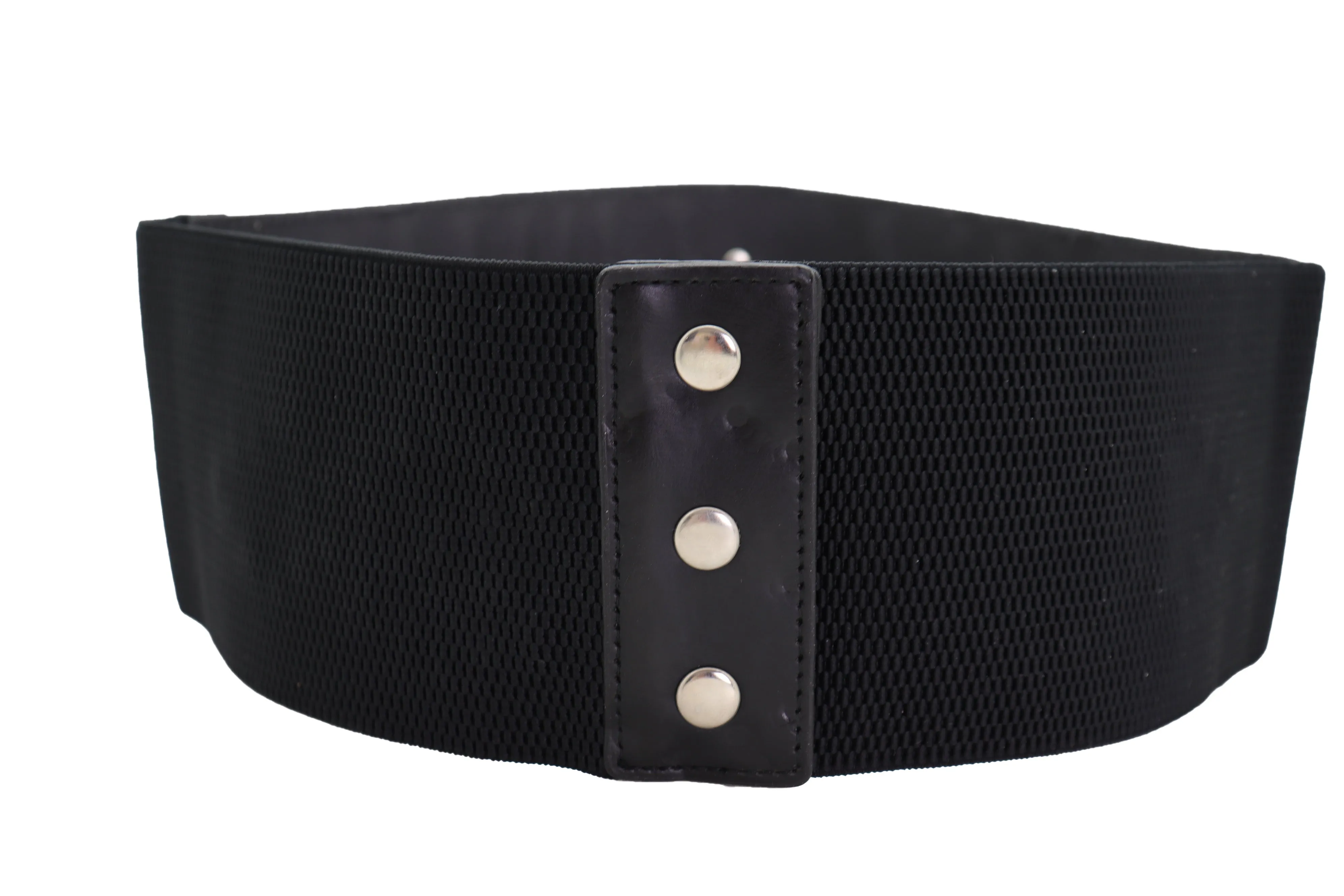 Wide Faux Leather Black Elastic Belt Squares S M