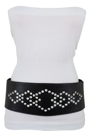 Wide Faux Leather Black Elastic Belt Squares S M