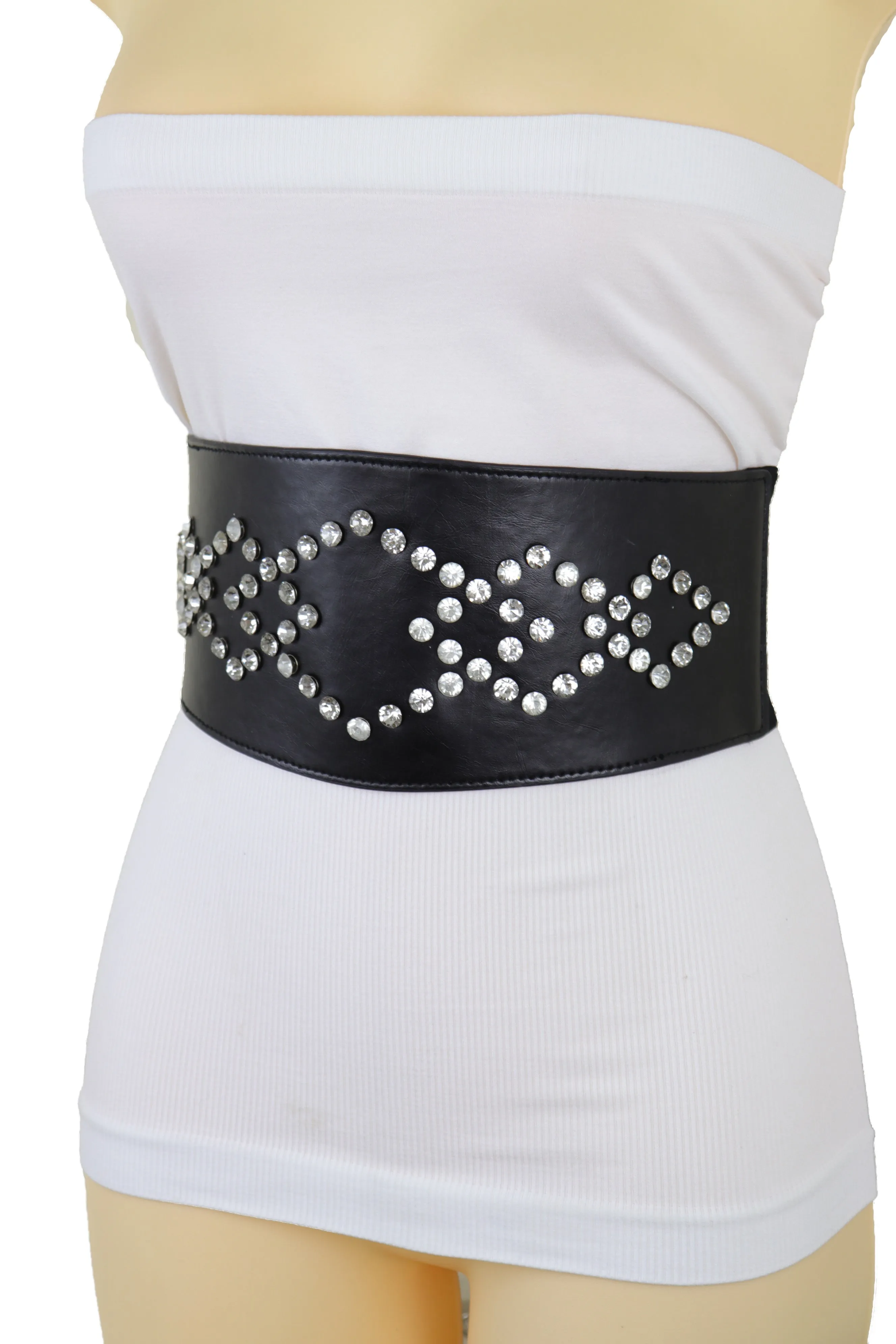 Wide Faux Leather Black Elastic Belt Squares S M