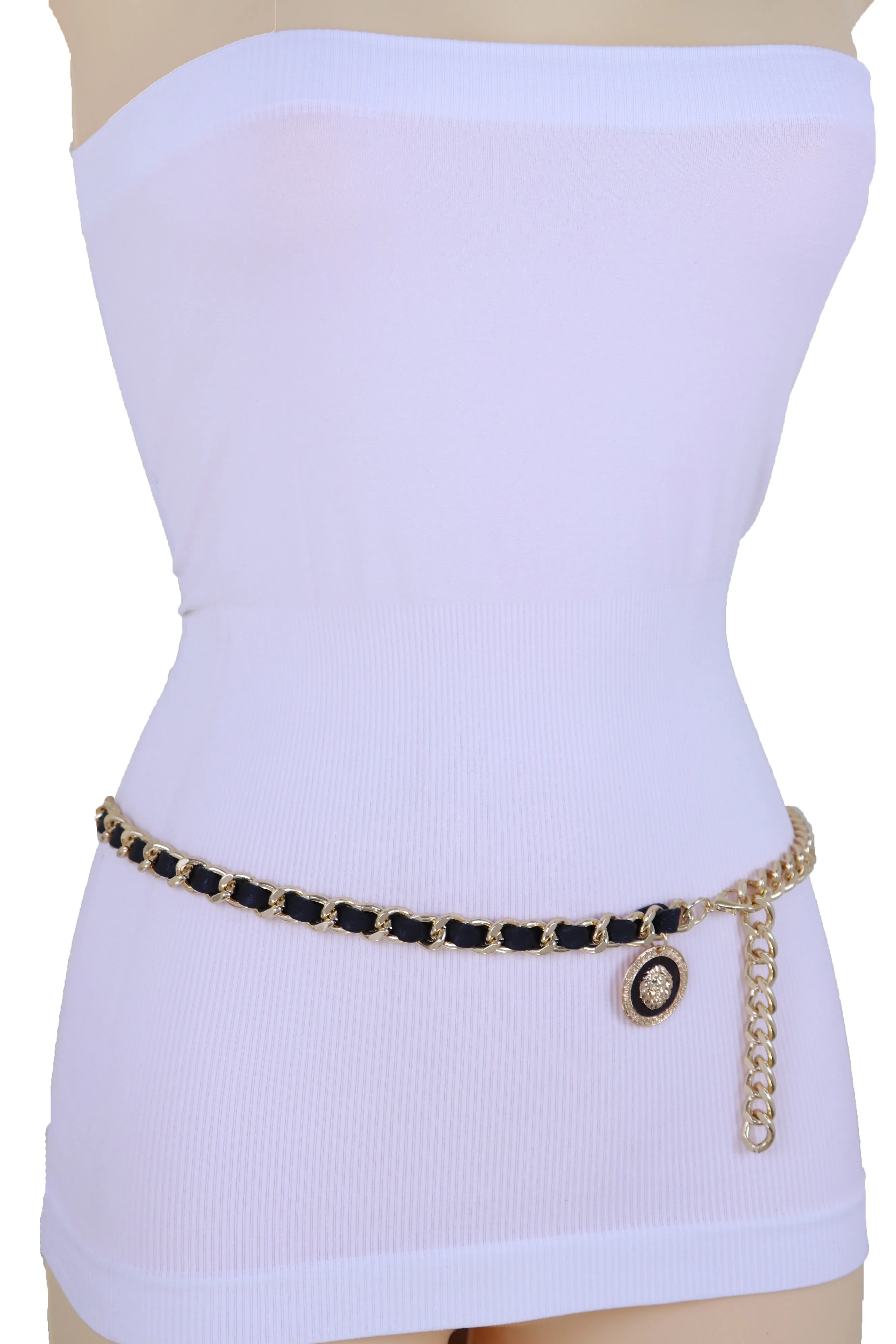 Wide Faux Leather Black Elastic Belt Squares S M
