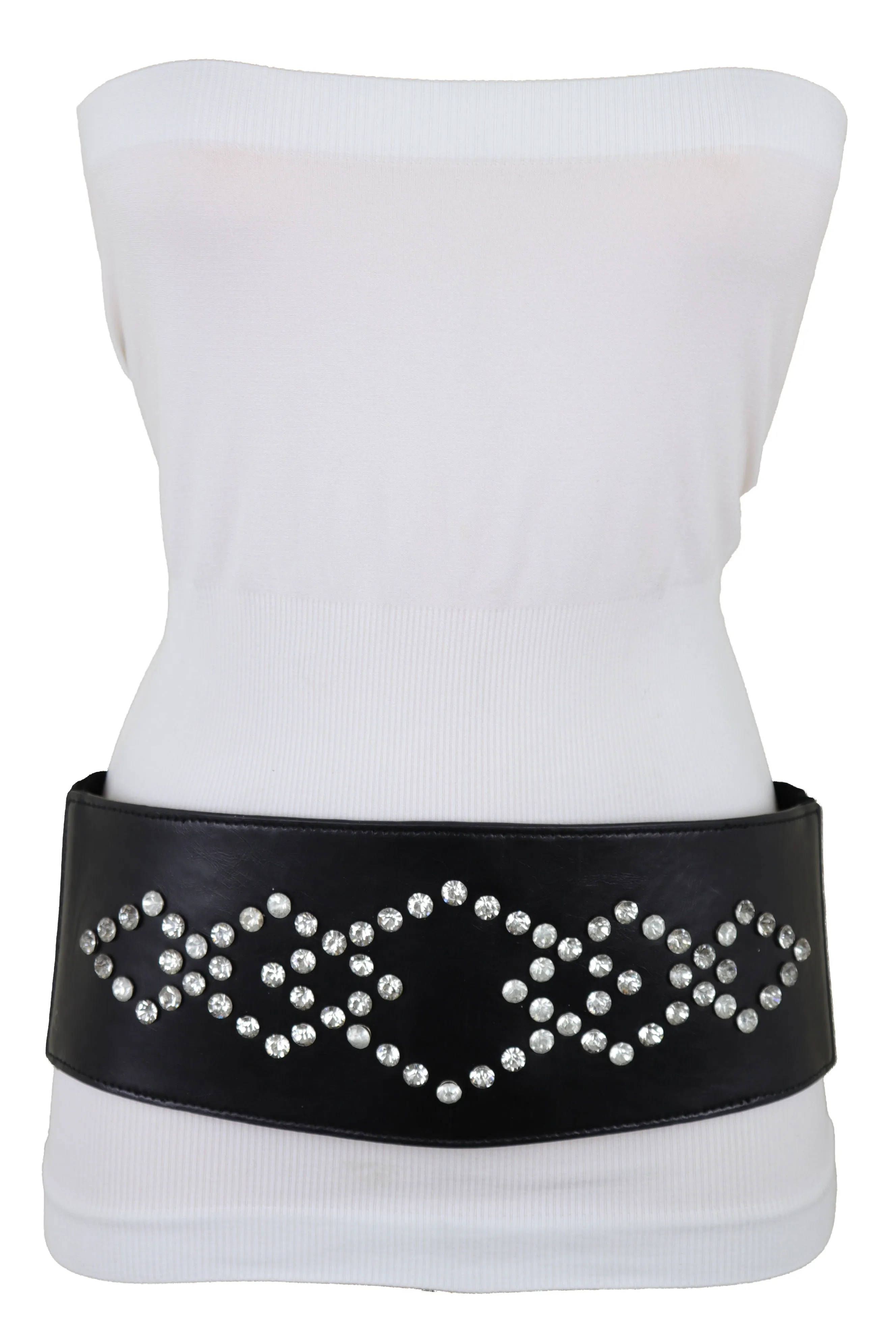 Wide Faux Leather Black Elastic Belt Squares S M