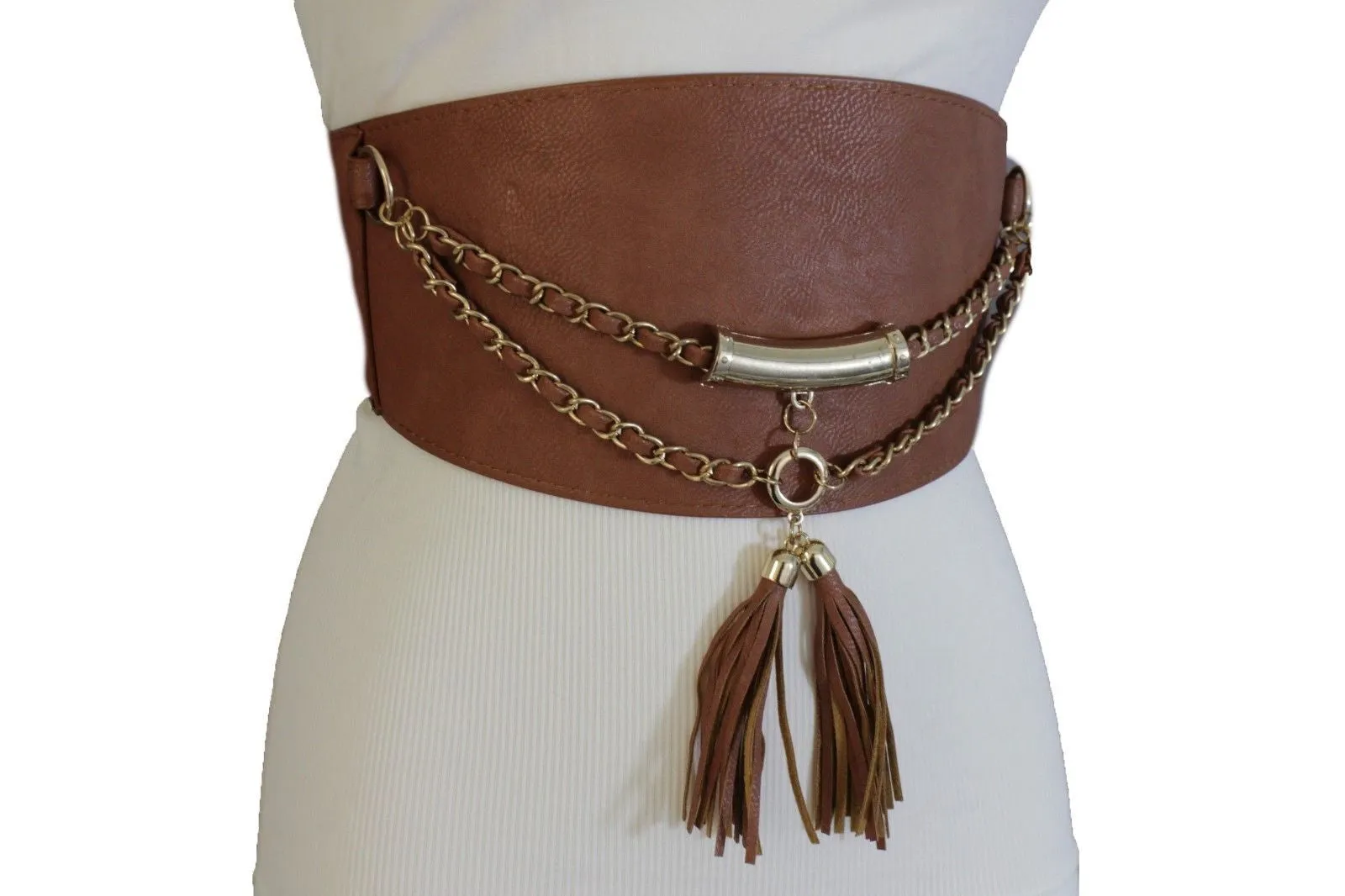 Wide Faux Leather Rope & Tassel Accented Corset Belt