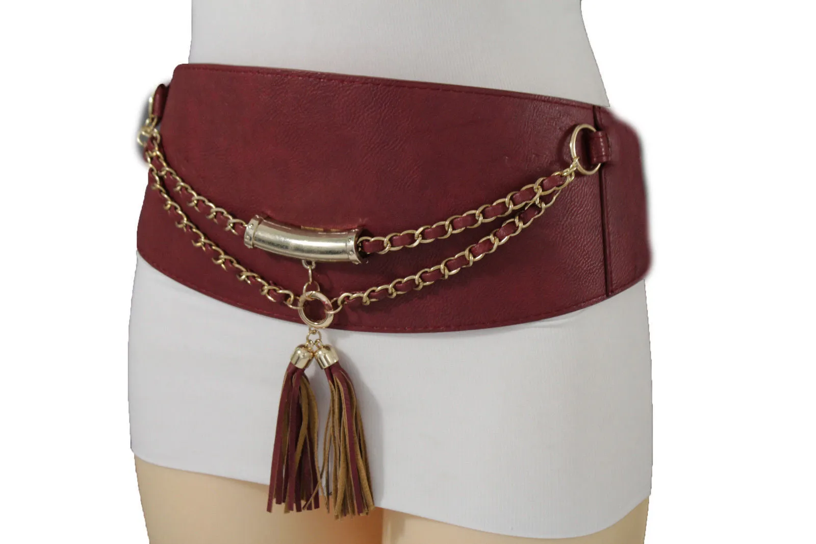 Wide Faux Leather Rope & Tassel Accented Corset Belt