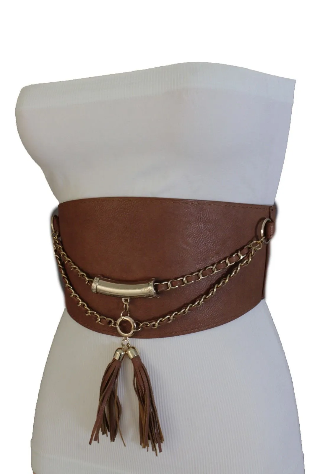 Wide Faux Leather Rope & Tassel Accented Corset Belt