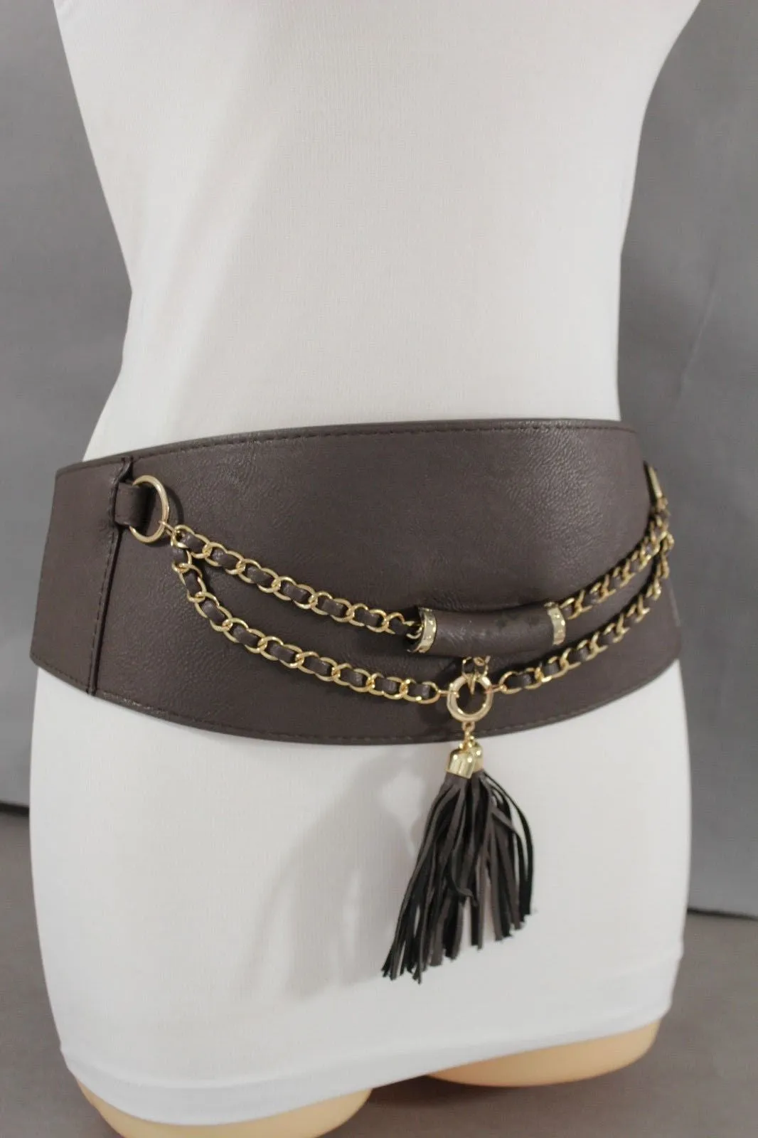 Wide Faux Leather Rope & Tassel Accented Corset Belt