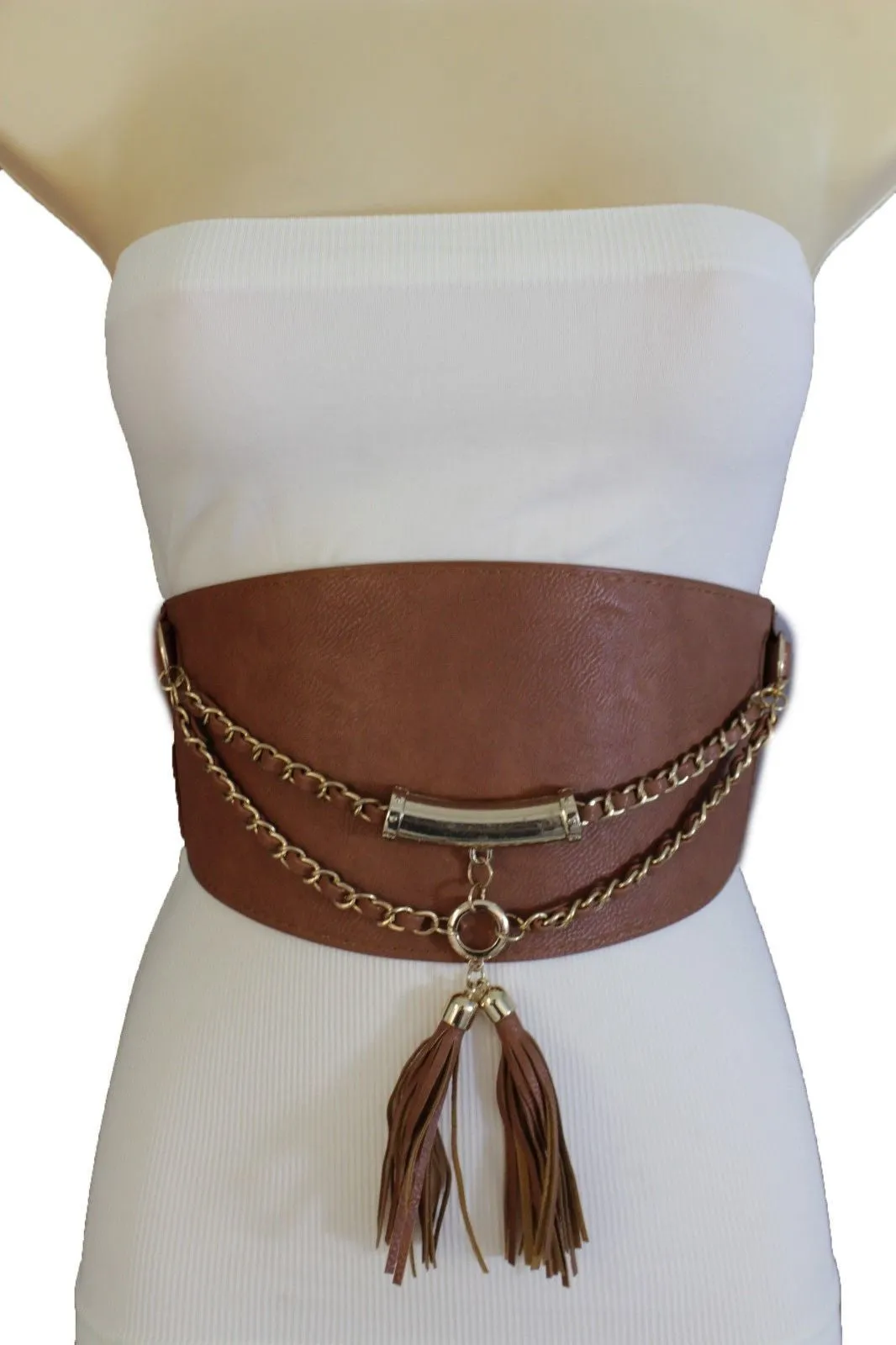 Wide Faux Leather Rope & Tassel Accented Corset Belt