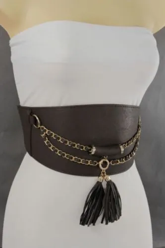 Wide Faux Leather Rope & Tassel Accented Corset Belt