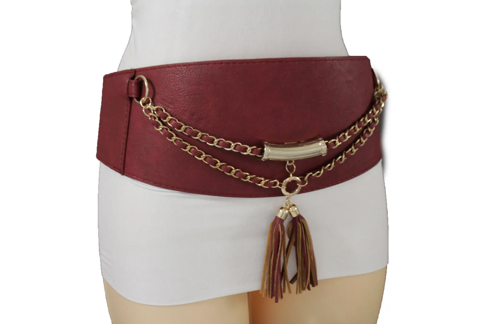 Wide Faux Leather Rope & Tassel Accented Corset Belt