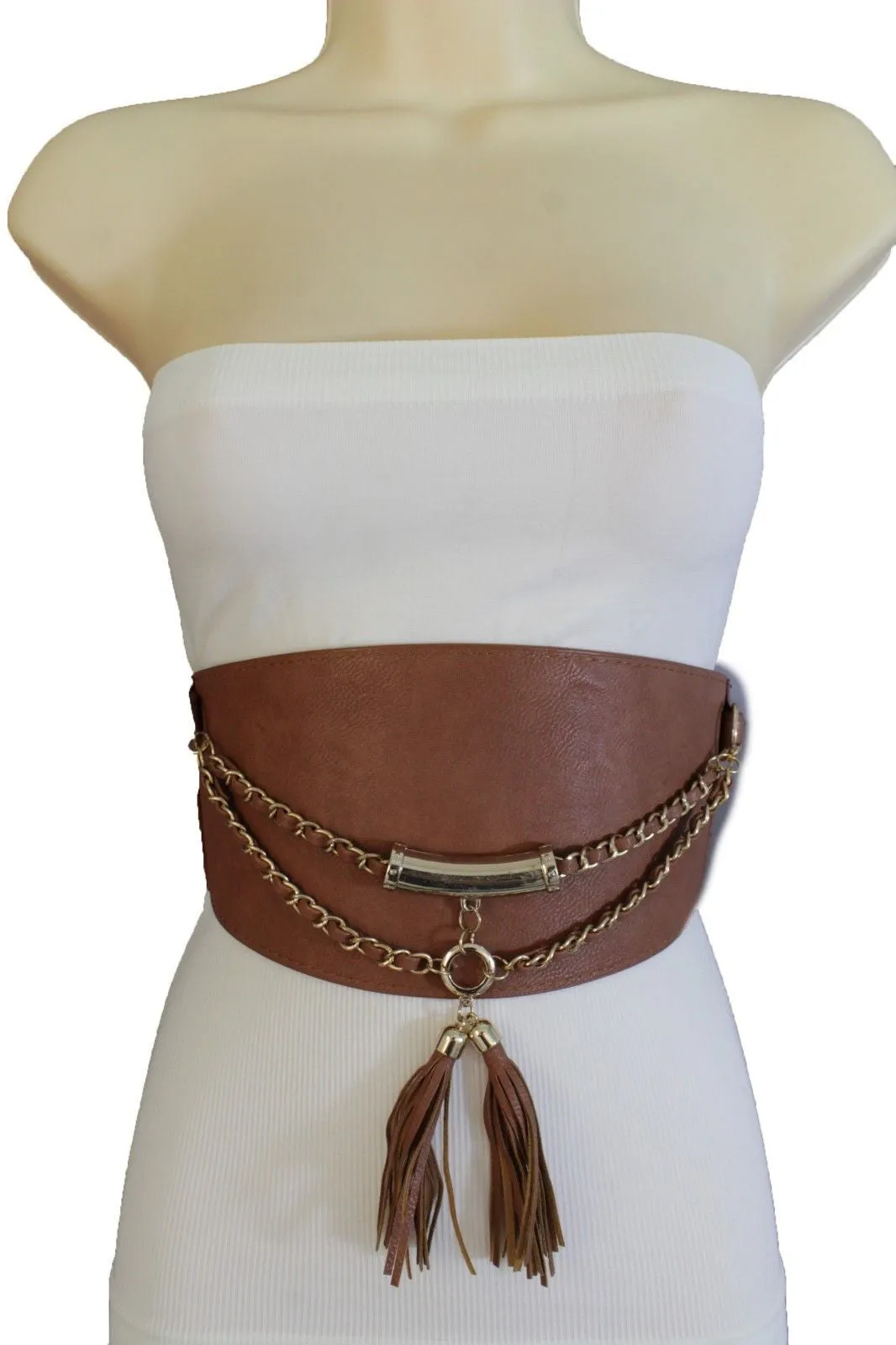 Wide Faux Leather Rope & Tassel Accented Corset Belt