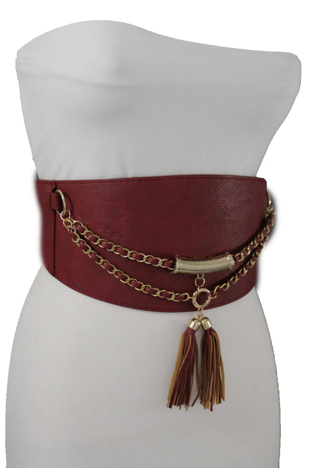 Wide Faux Leather Rope & Tassel Accented Corset Belt
