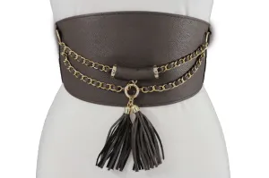 Wide Faux Leather Rope & Tassel Accented Corset Belt