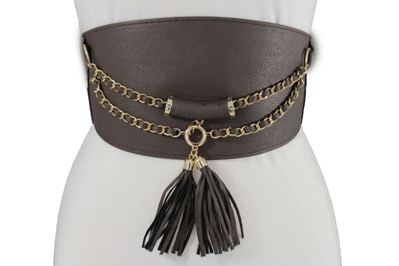 Wide Faux Leather Rope & Tassel Accented Corset Belt