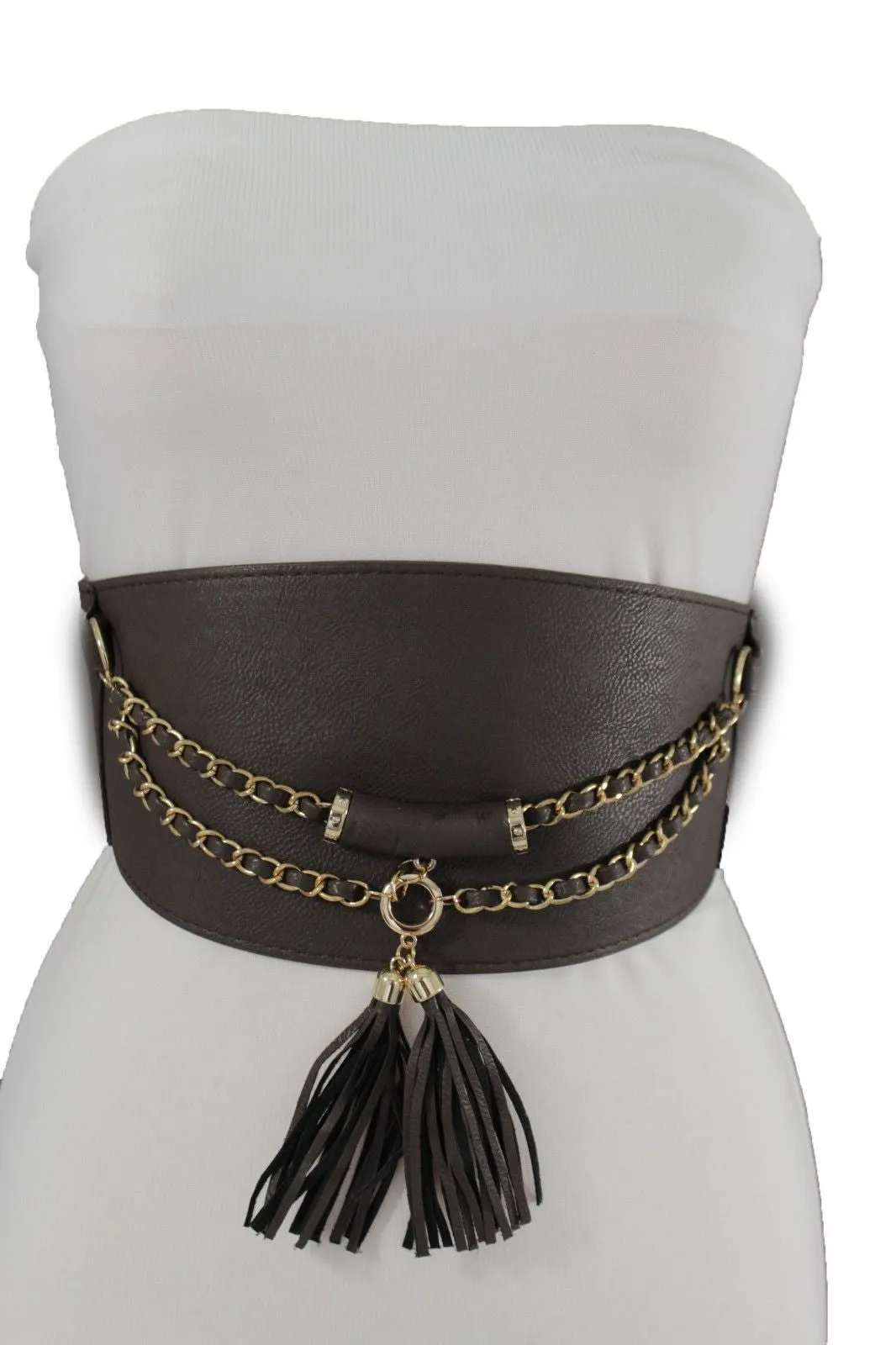 Wide Faux Leather Rope & Tassel Accented Corset Belt