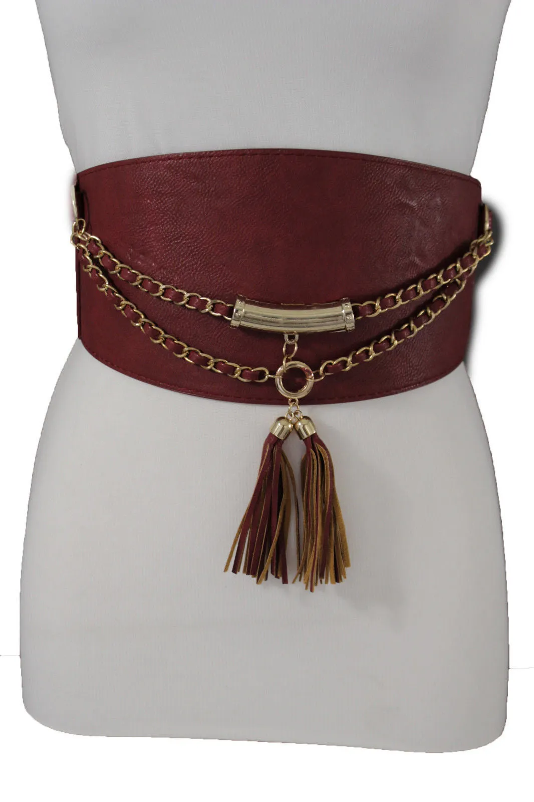 Wide Faux Leather Rope & Tassel Accented Corset Belt
