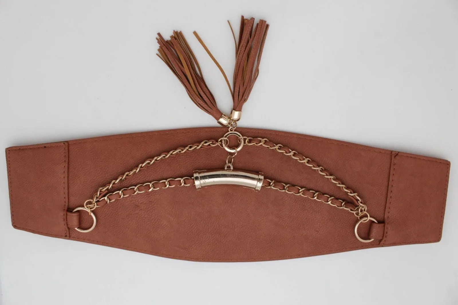 Wide Faux Leather Rope & Tassel Accented Corset Belt