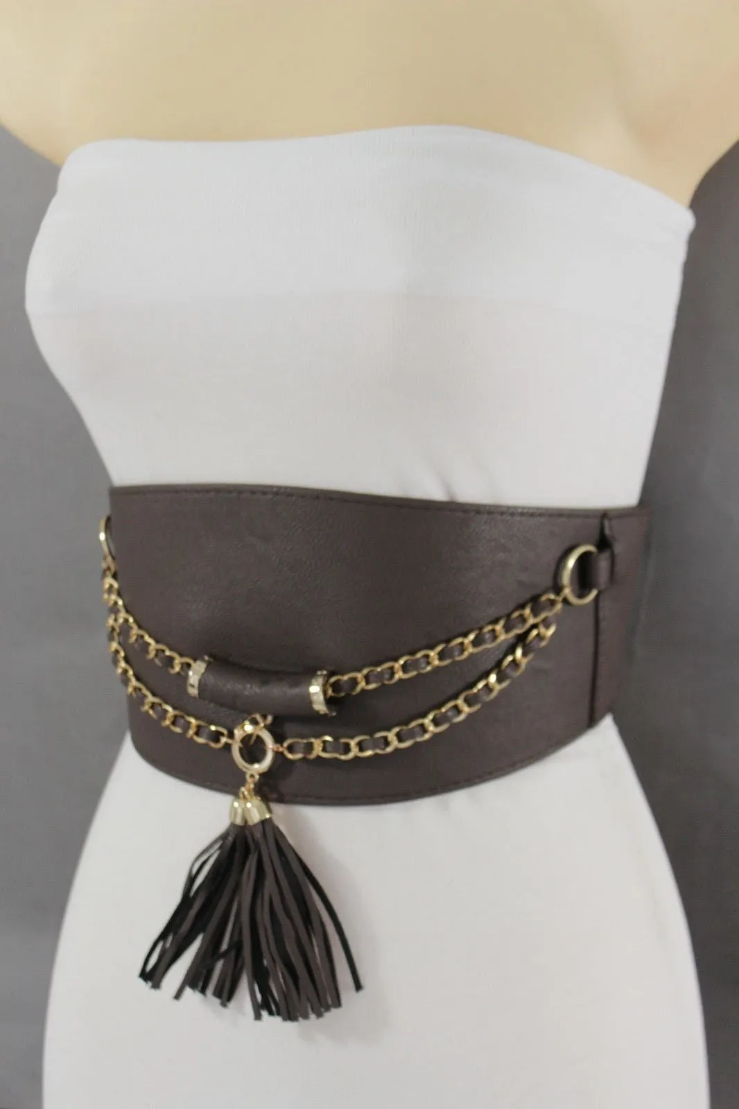 Wide Faux Leather Rope & Tassel Accented Corset Belt