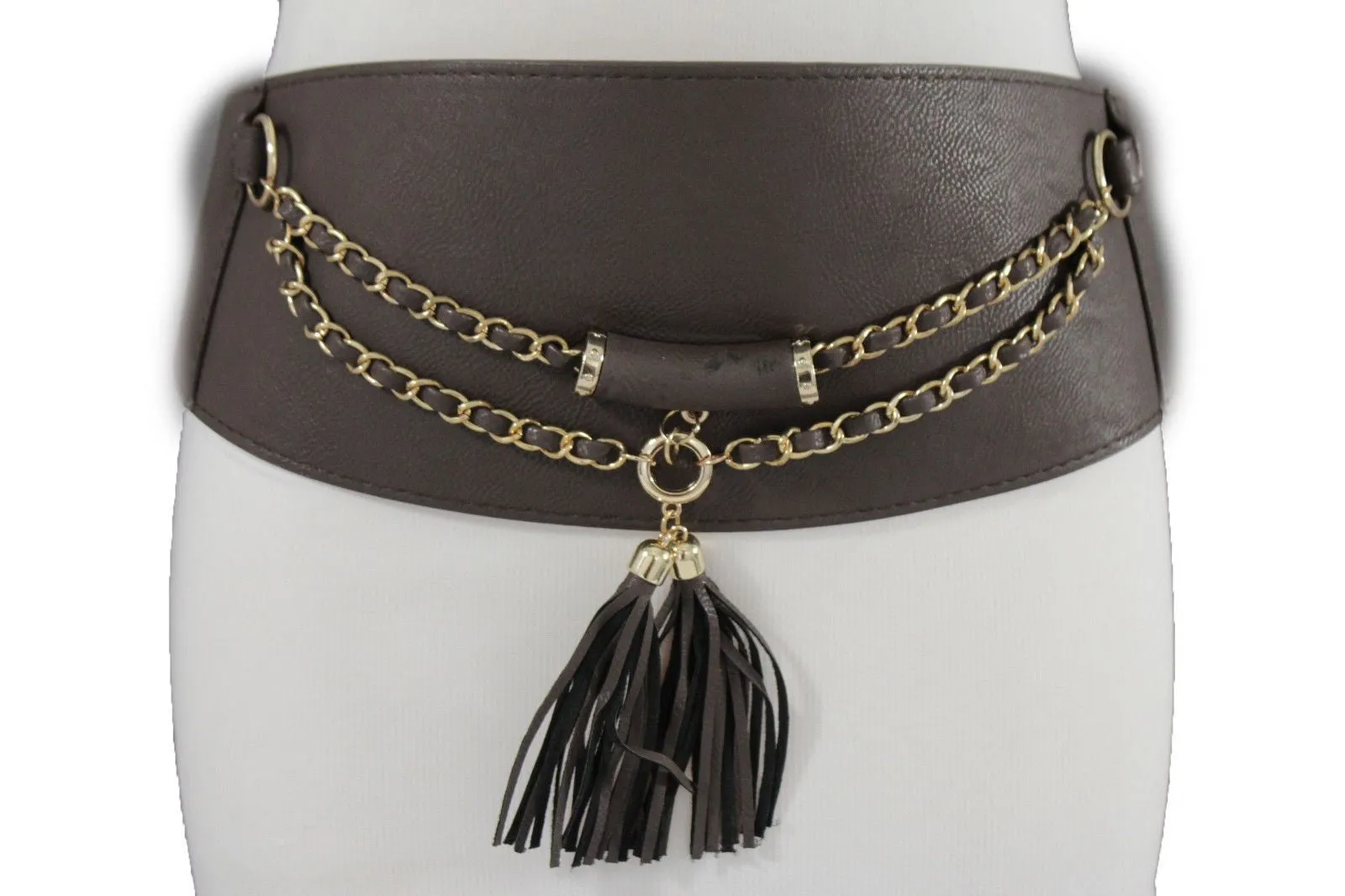 Wide Faux Leather Rope & Tassel Accented Corset Belt