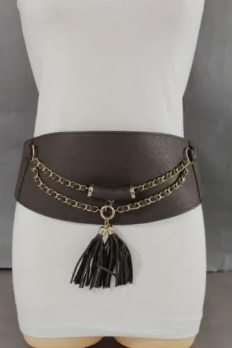 Wide Faux Leather Rope & Tassel Accented Corset Belt