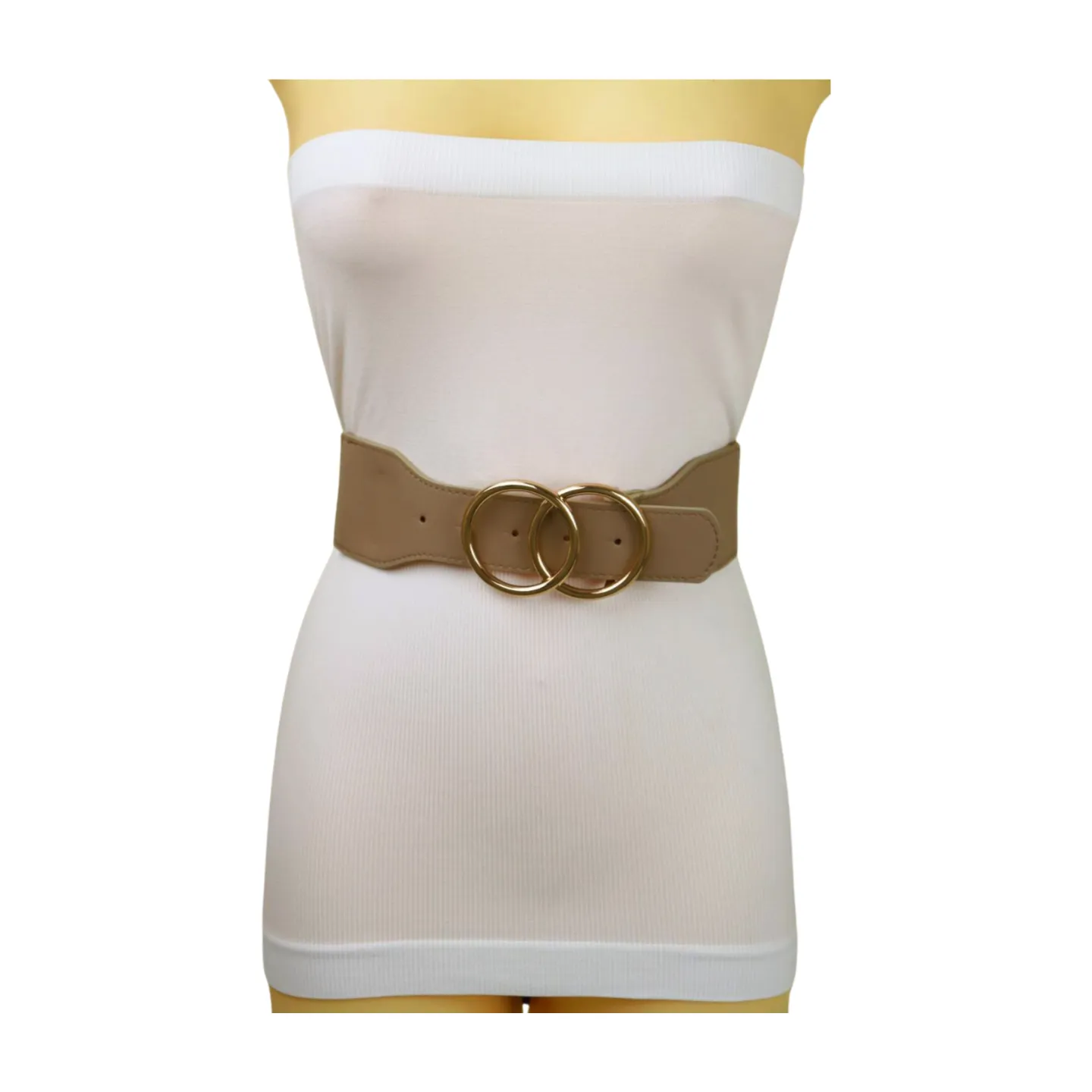 Women Beige Taupe Stretch Belt Gold Circle Buckle S M