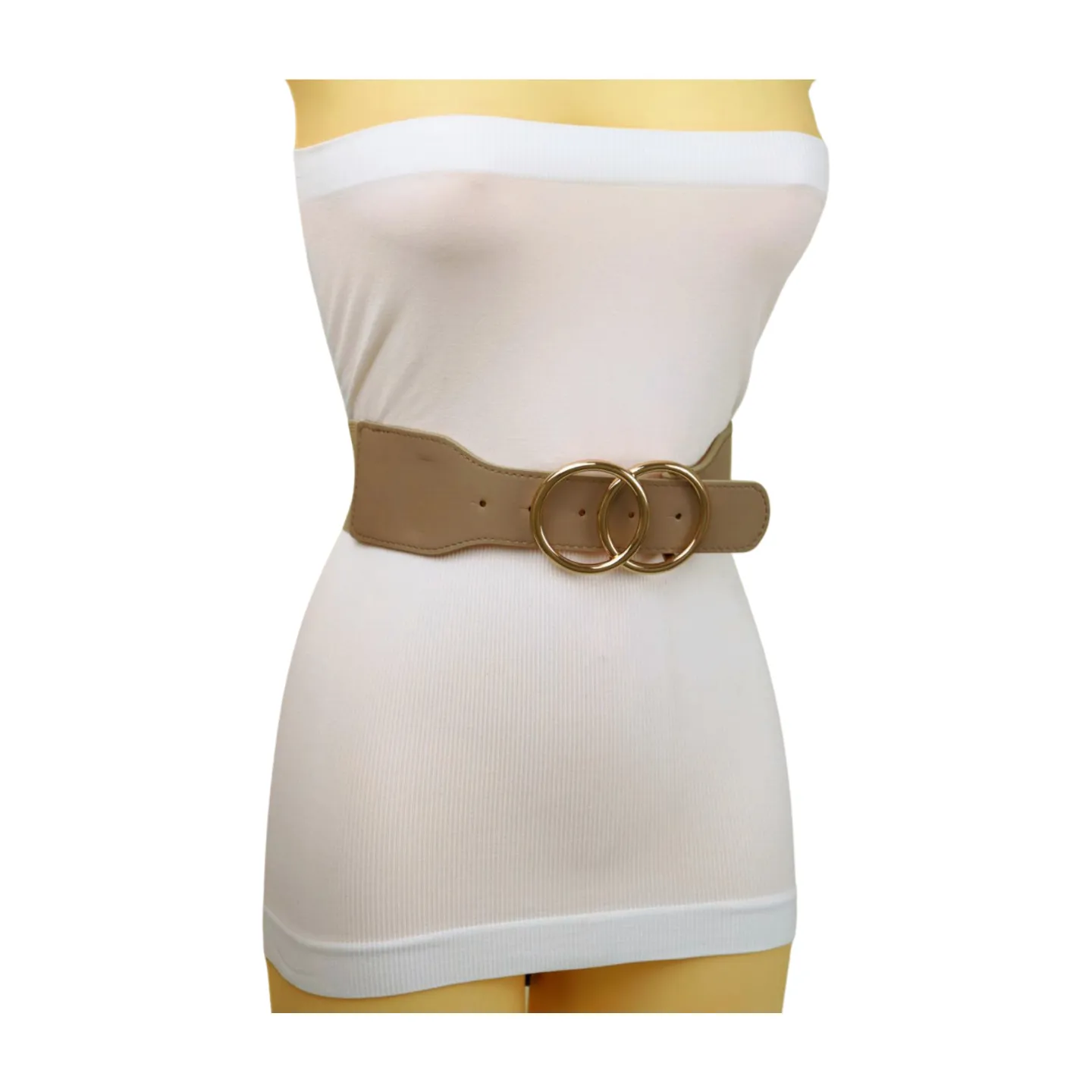 Women Beige Taupe Stretch Belt Gold Circle Buckle S M