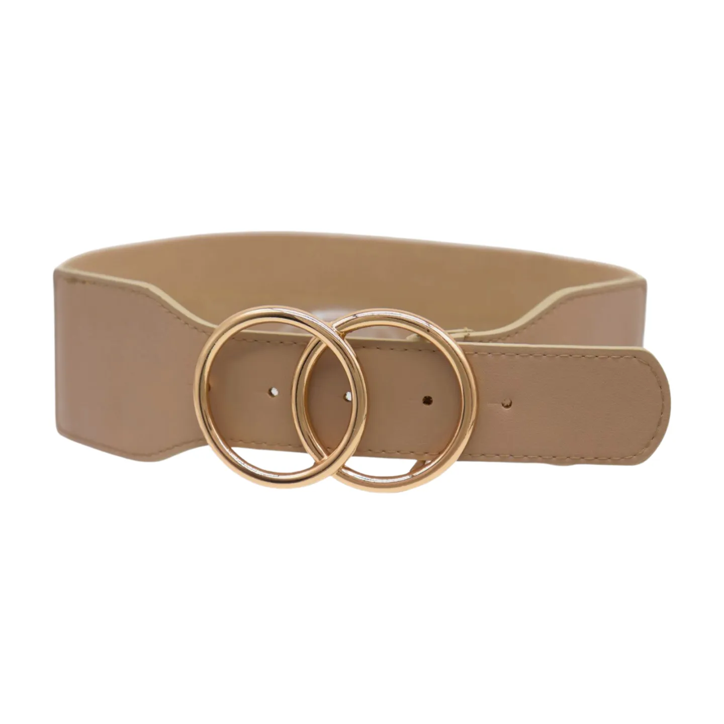 Women Beige Taupe Stretch Belt Gold Circle Buckle S M
