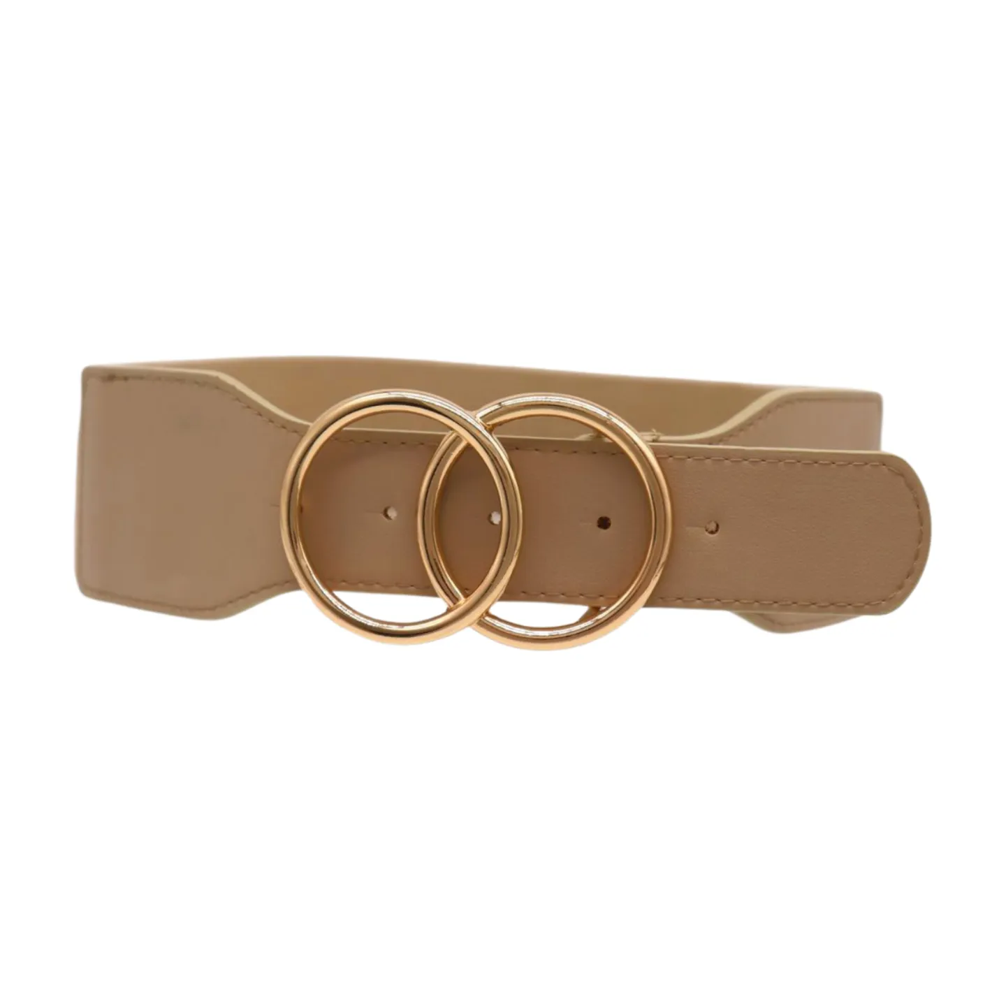 Women Beige Taupe Stretch Belt Gold Circle Buckle S M