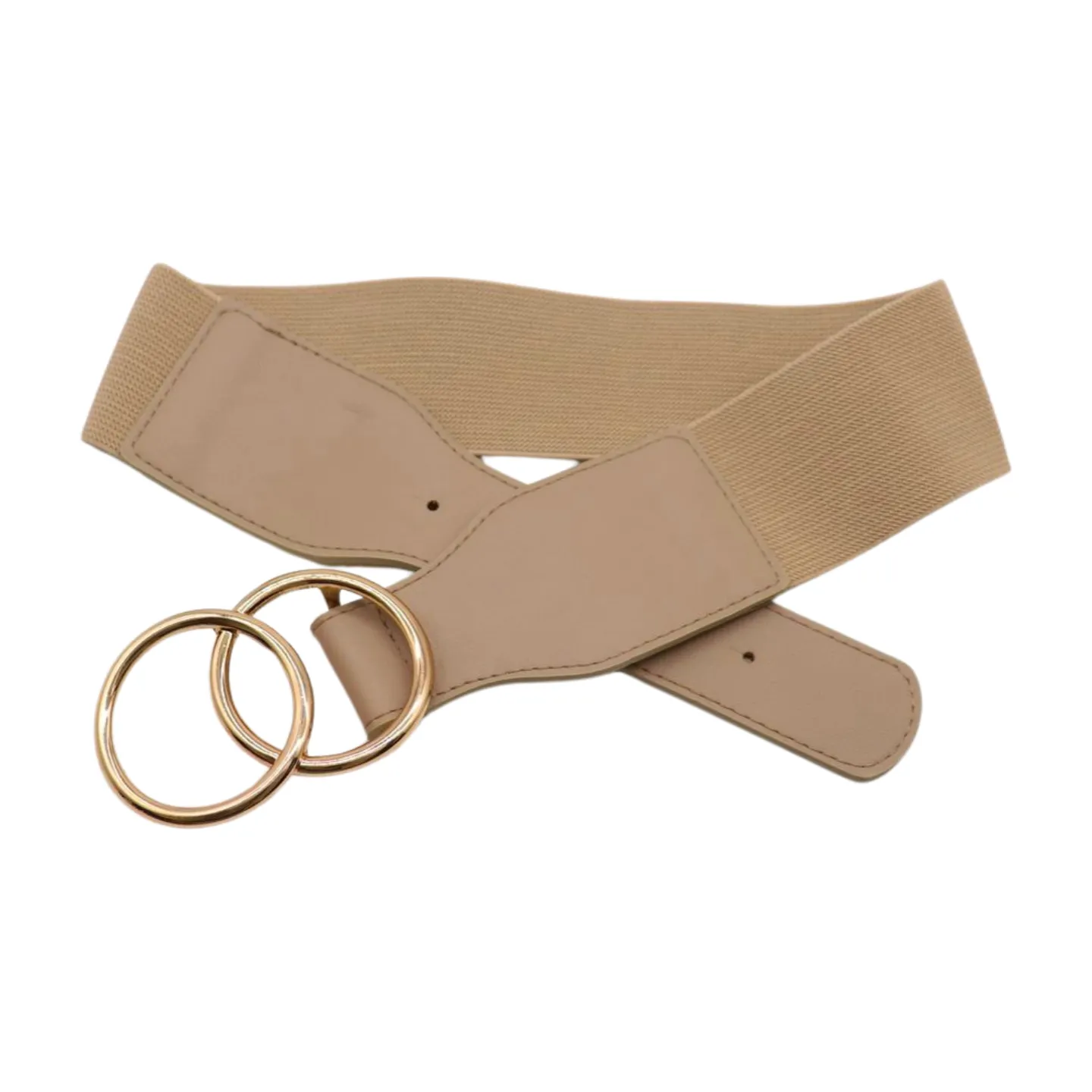 Women Beige Taupe Stretch Belt Gold Circle Buckle S M